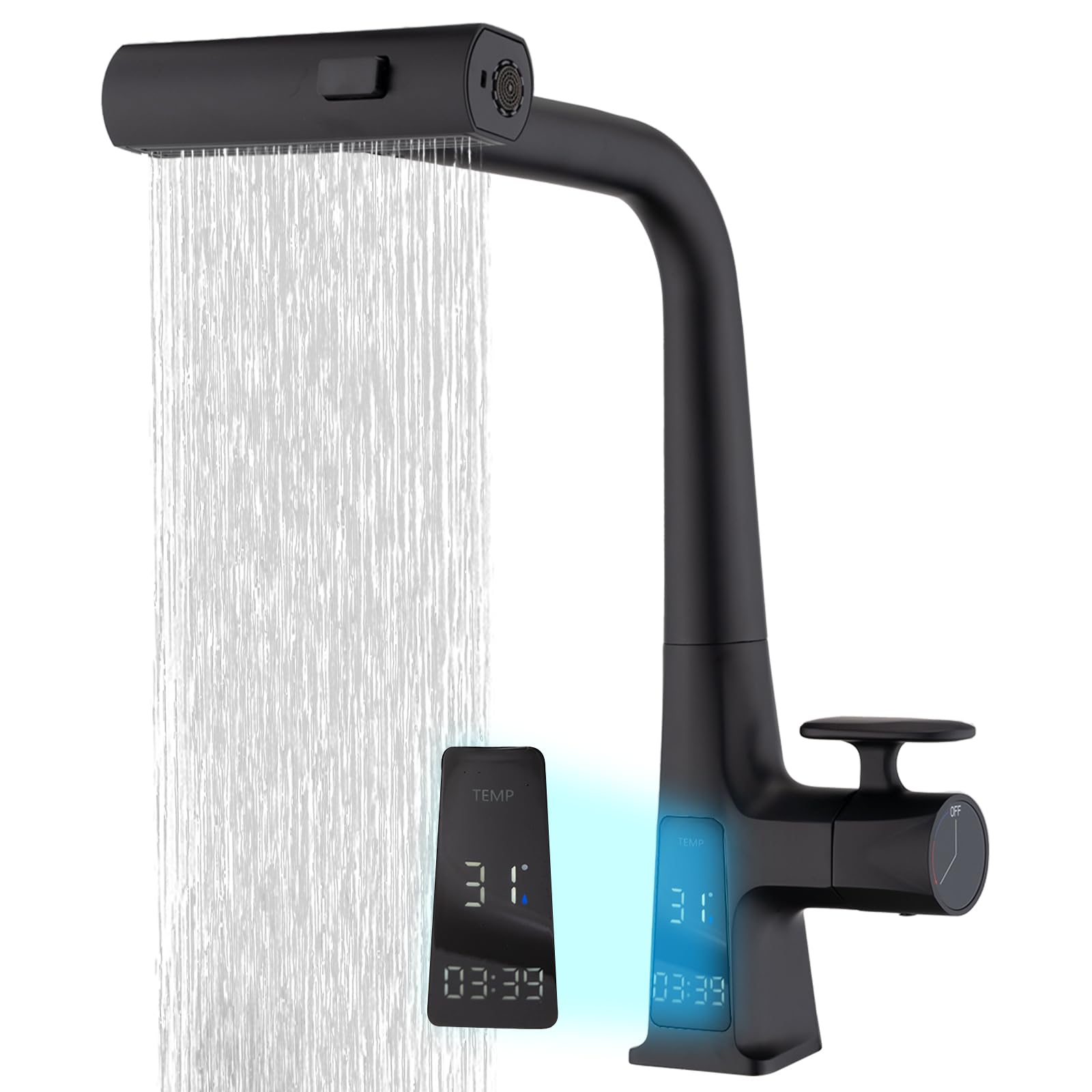 Hghbatth Black Waterfall Kitchen Sink Faucet With Led Temperature And Usage Time Display, Single Hole Kitchen Rain Faucet With Pull Down Sprayer, 3 Modes(Waterfall, Stream, Sweep) 360° Swivel -Matte Black