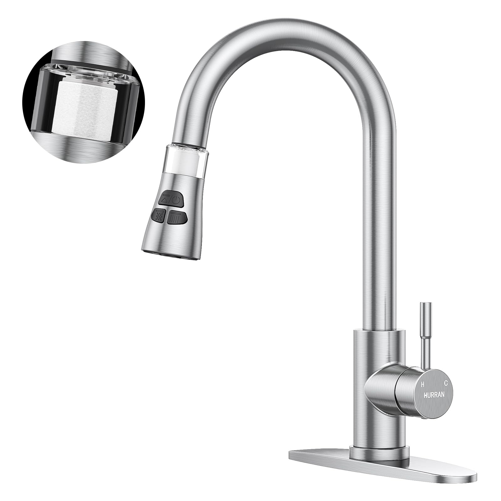 Hurran Kitchen Faucet With Pull Down Sprayer, Brushed Nickel Water Filter Faucets, High Arc Single Handle Kitchen Sink Faucet 1 Or 3 Hole, Utility Sink Faucets With Deck Plate For Farmhouse Rv Wet Bar