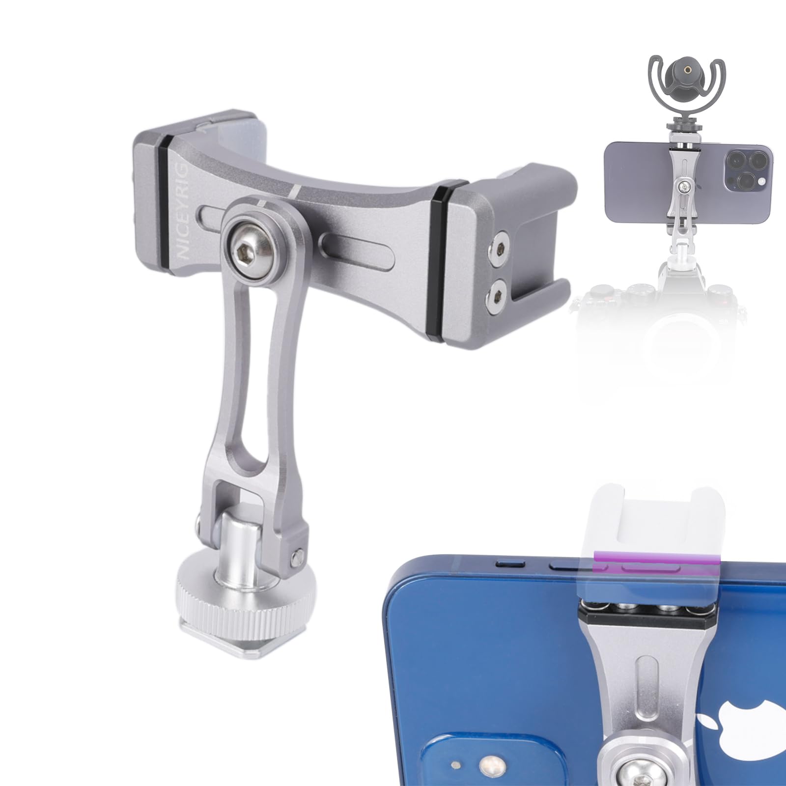 Niceyrig Aluminum Camera/Tripod Mount Phone Holder For Iphone 15/14/13/12 Pro 6.1'', Pro Max 6.7’’, Video Recording Vlog Lives Photography Support Stable Clamp - 576