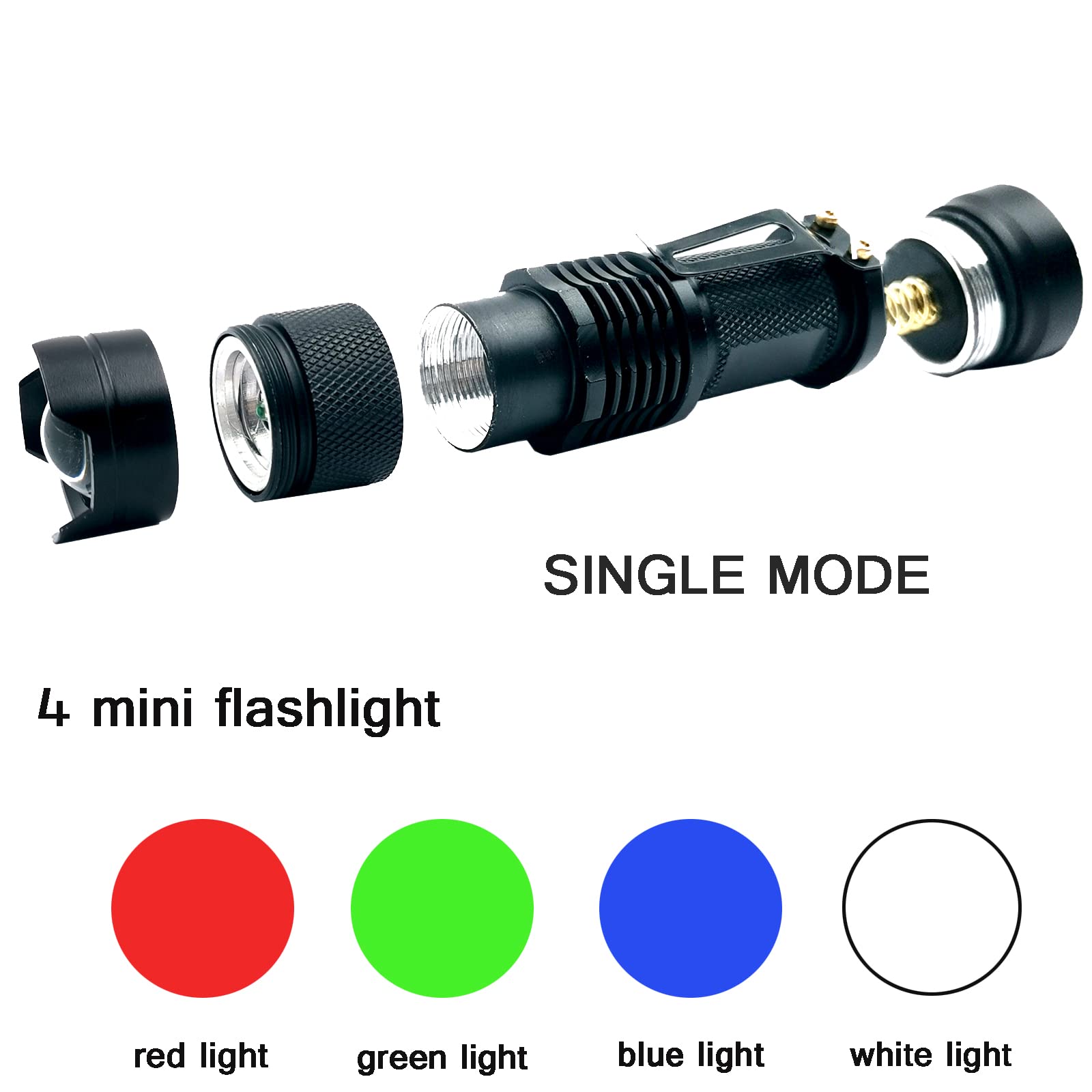 Xysrz Red Green Blue White Light Flashlight Single Mode Led Flashlight With Clip Zoomable Mini Flashlight For Hunting Camping Night Observation, 4 Pack