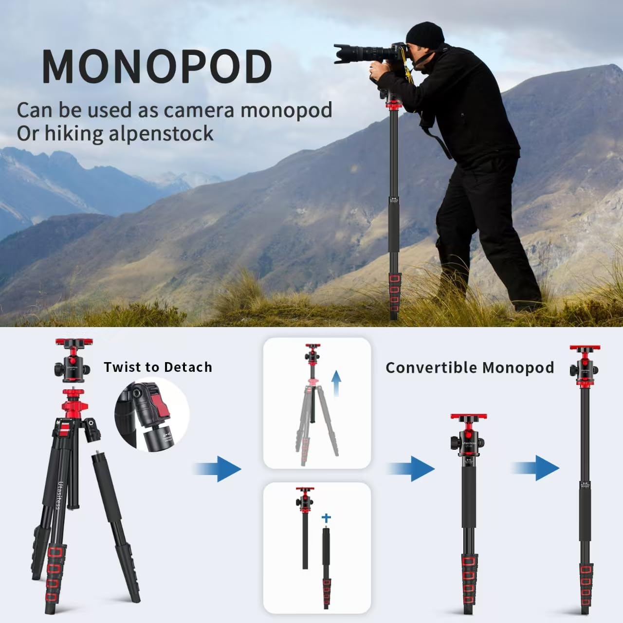 Utanispee 68" Foldable Aluminum Alloy Camera Tripod And Monopod 2-In-1, With 360°Adjustable Ball Head Detachable，Light Travel Tripod For Camera And Phones