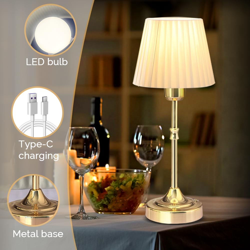 Leroxo Cordless Led Metal Table Lamp, Portable Fabric Shade Desk Lamp, 3-Level Brightness, Touch Sensor Control, Rechargeable Bedside/Nursery/Dining Room Lamp