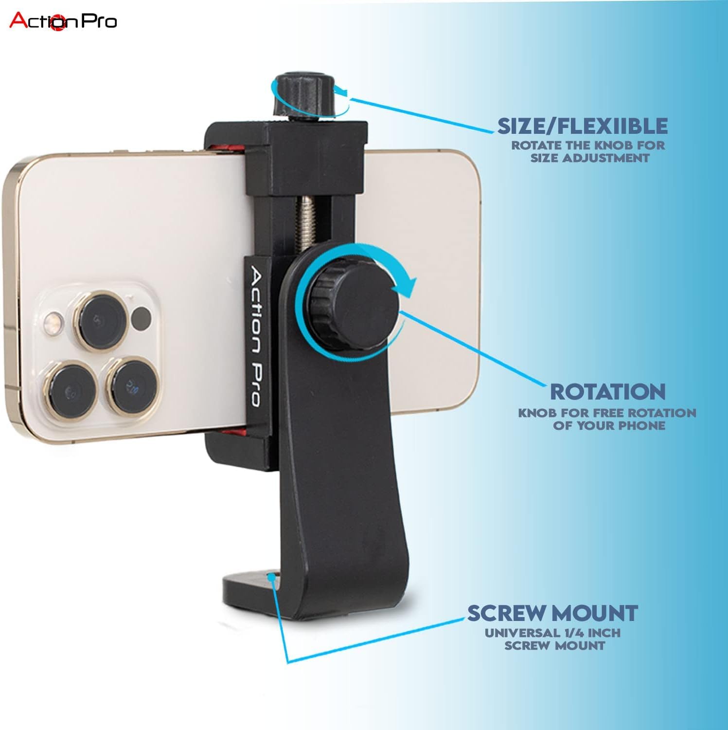 Action Pro Phone Holder/Vertical And Horizontal Tripod Mount Adapter Rotatable Bracket With 1/4 Inch Screw, Adjustable Clip For Iphone, Android Cell Phone, Selfie Stick, Camera Stand