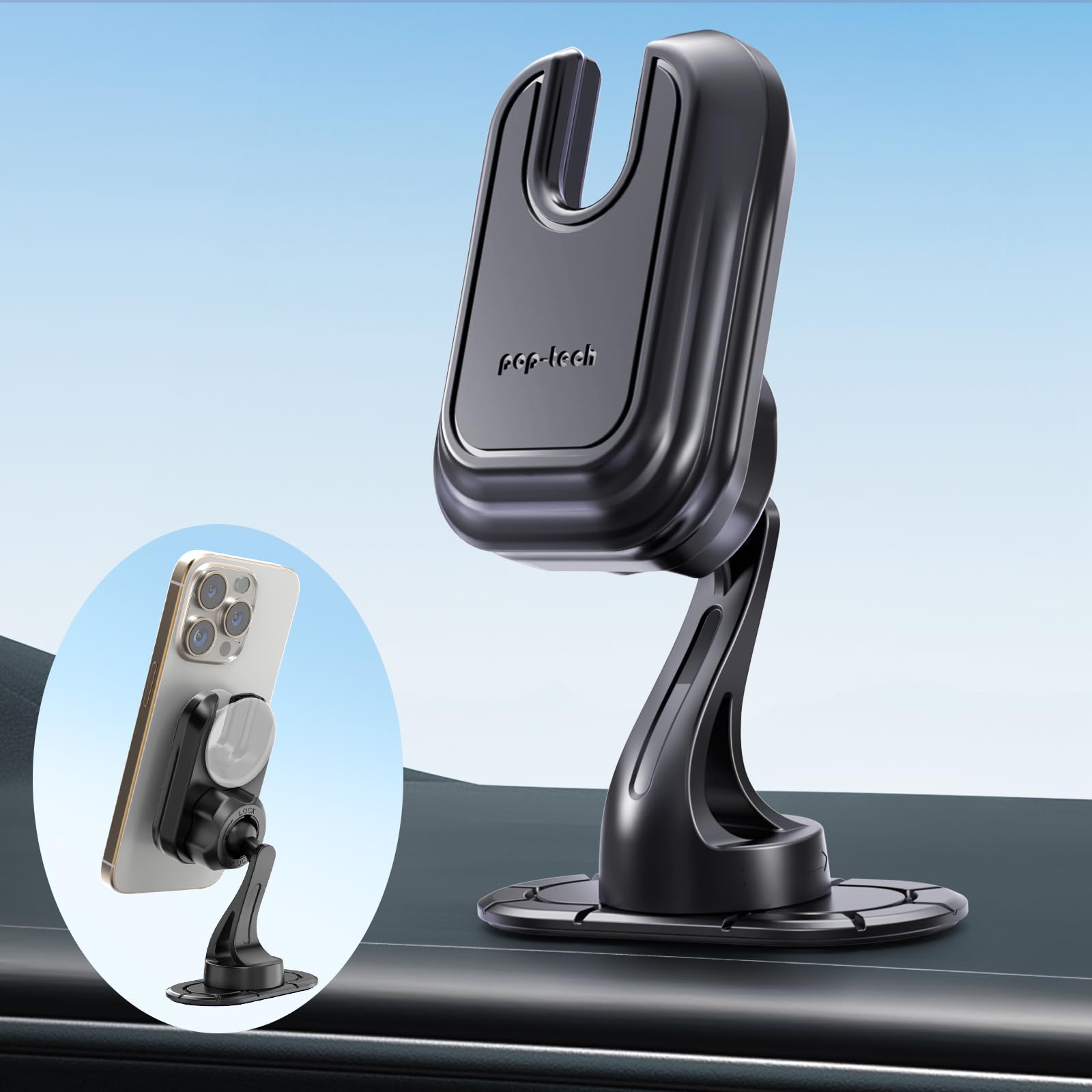 Pop-Tech Car Mount For Socket Grip, Dashboard Adhesive Phone Holder Mount For Phone Grips Stand, Compatible With Popwallet Magsafe Iphone Card Holder, Rotatable Soft Base