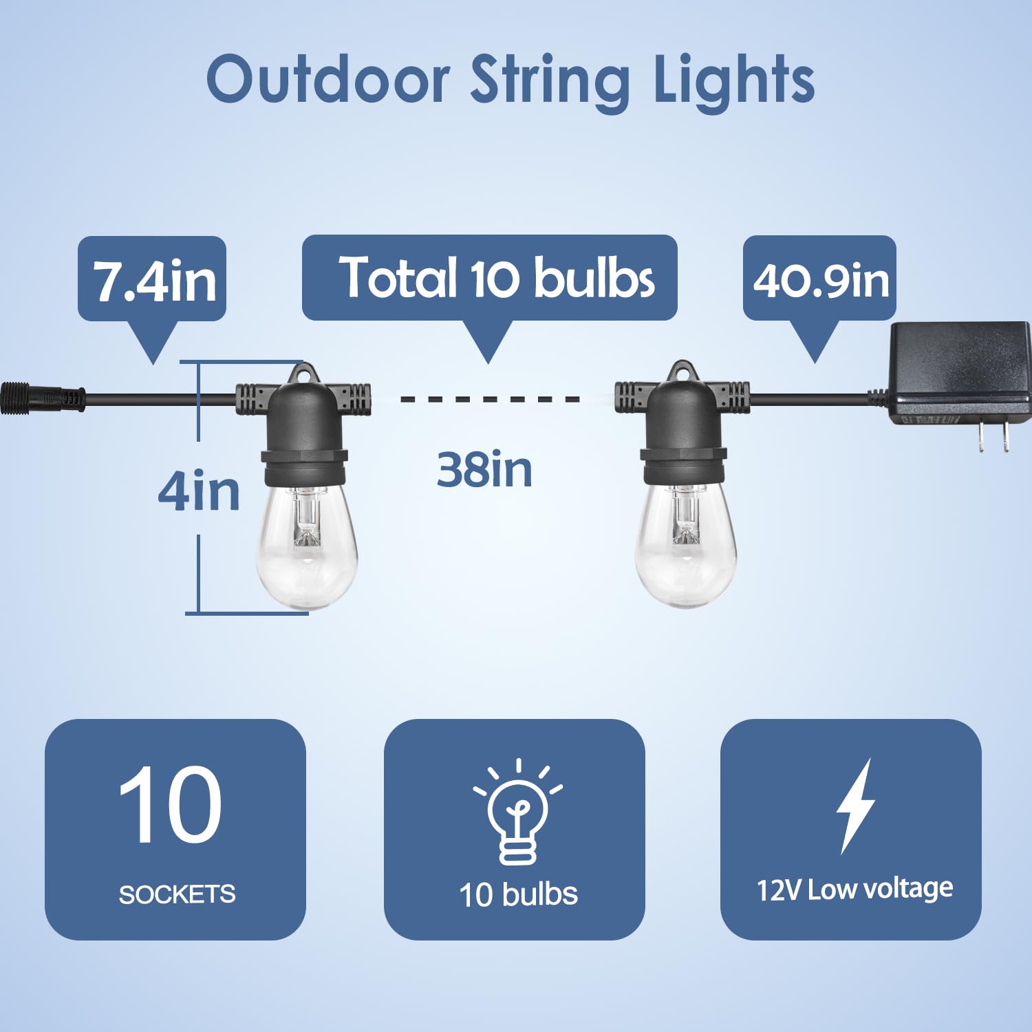 Gana 12V Low Voltage & Safe Led Outdoor String Lights,32Ft 10 Shatterproof Bulbs, 2200K Warm White Pergola Lights For Your House'S Pergola, Garden, Fence, Porch, And Balcony (32Ft-96Cri)