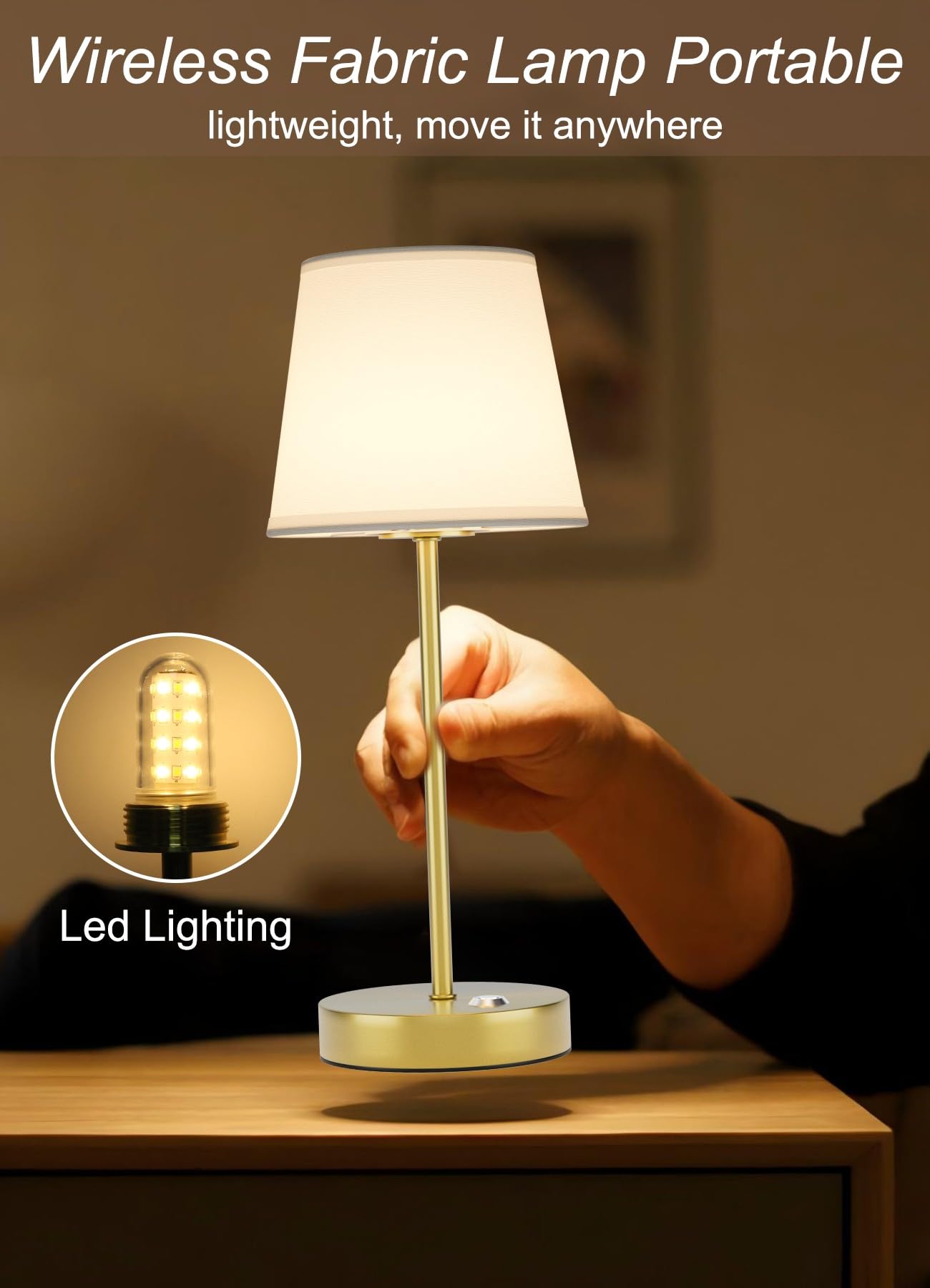 Irotine 2 Pack Cordless Led Table Lamps, Battery Operated Fabric Shade Desk Lamp, 3 Color Stepless Dimmable Rechargeable Lamp For Dinner/Restaurant/Bedroom/Bars/Camping(Gold)