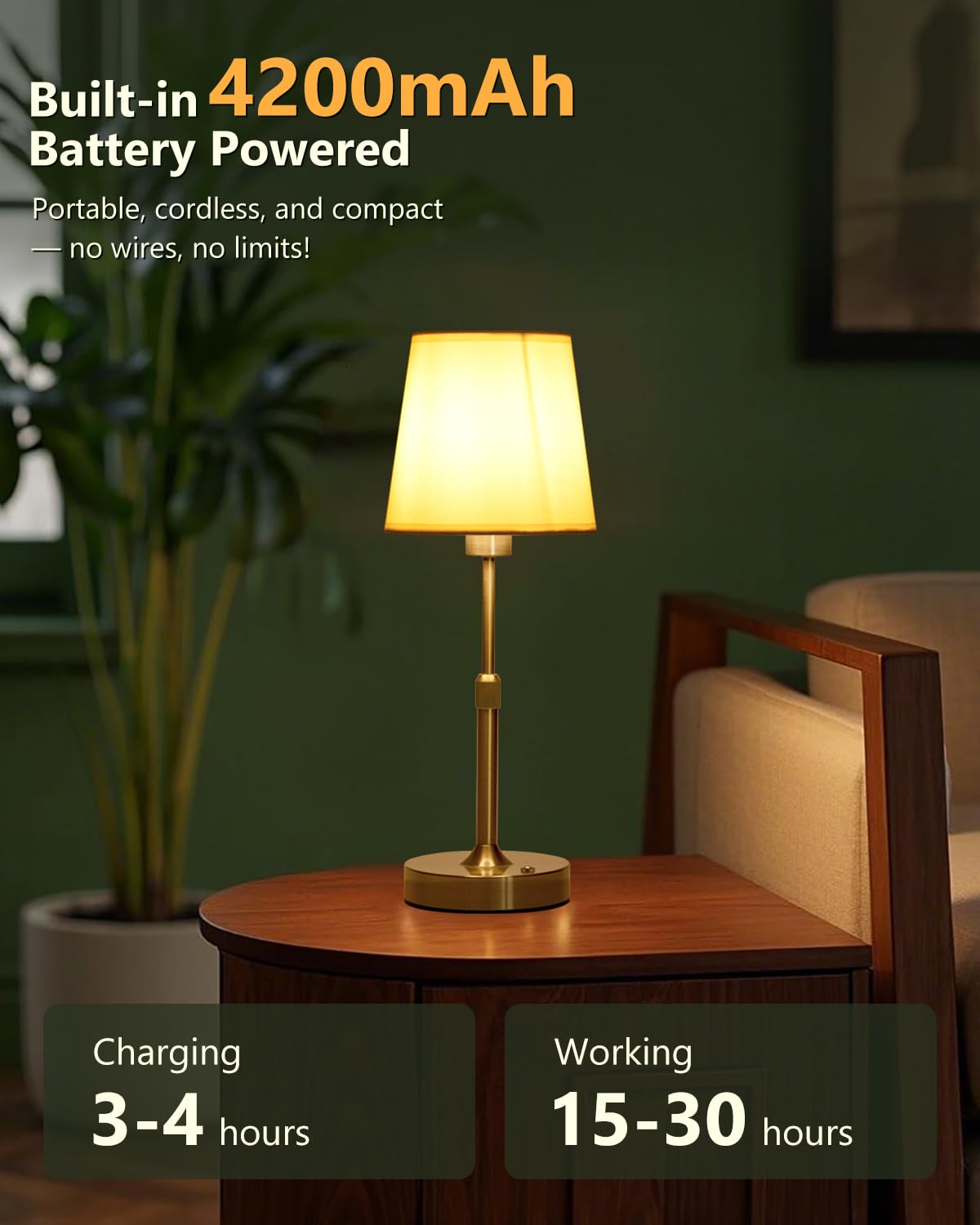 Yiliaw Cordless Table Lamp For Bedroom Adjustable Height Portable Led Desk Lamp, 4200Mah Battery Operated, Stepless Dimmable Touch Lampfor Restaurant Bedroom Bars Outdoor Party, Led Bulb Included