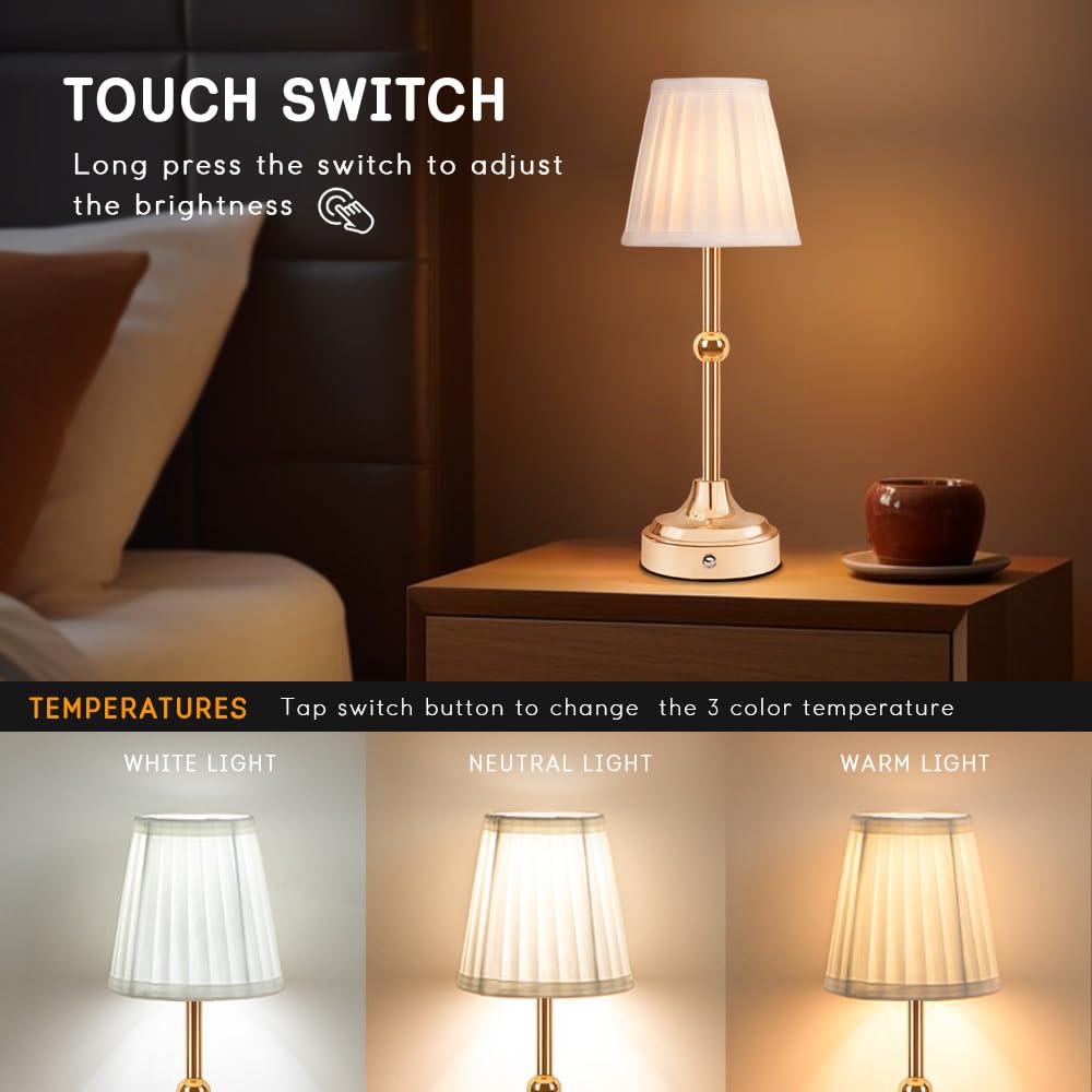 Ejfoiej Portable Led Table Lamp, 3-Levels Brightness Metal Desk Lamp, 3 Color Touch Control Rechargeable Lamp, Night Light, Bedside Lamp,Dining Room Lamp(Gold), Jdd-001