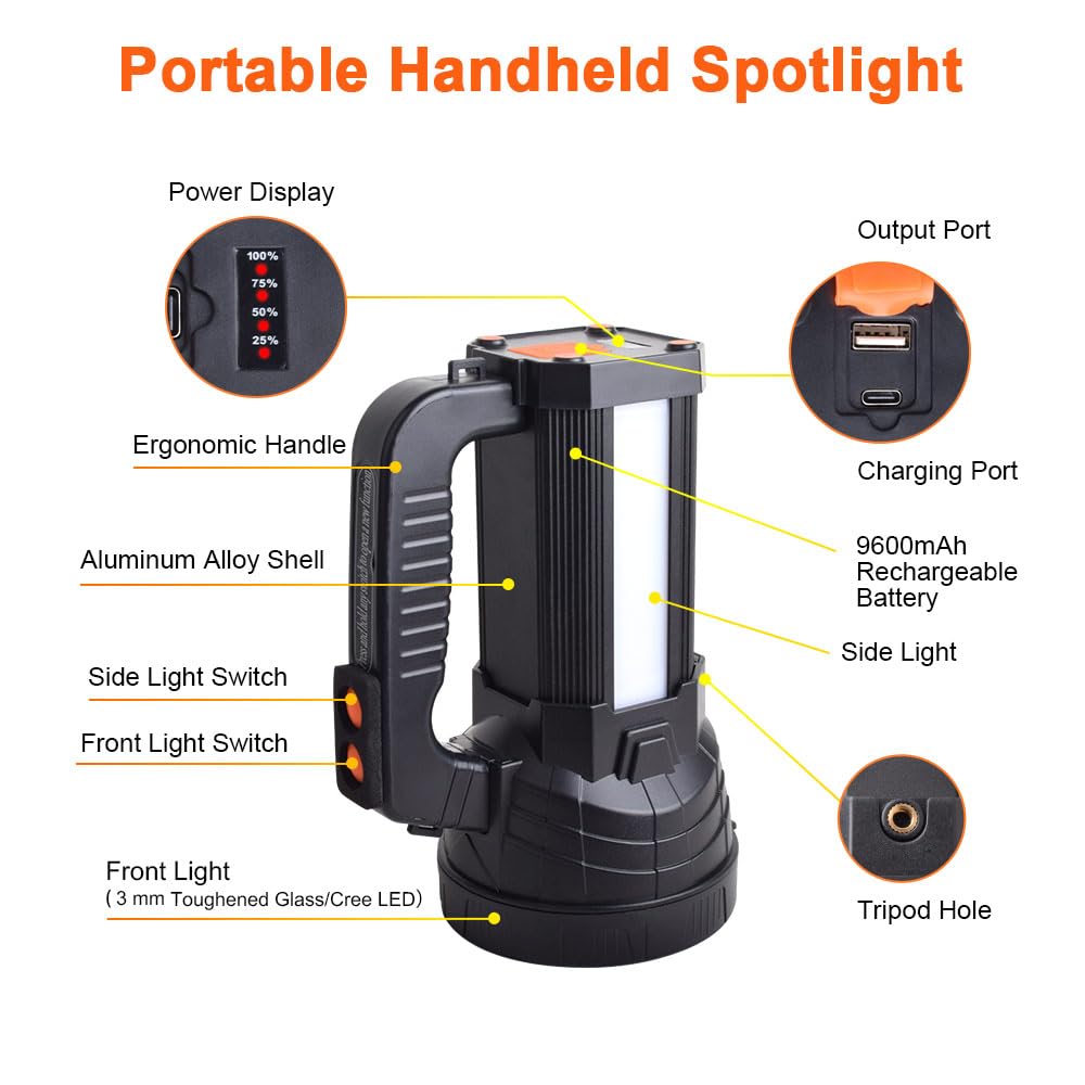 Eray Handheld Large Flashlight Rechargeable, 10000 Lumens Powerful Led Spotlight Searchlight Strobe Flashlight Lantern Combo Black, 6 Lighting Modes For Outdoor Camping Hiking Fishing Emergency