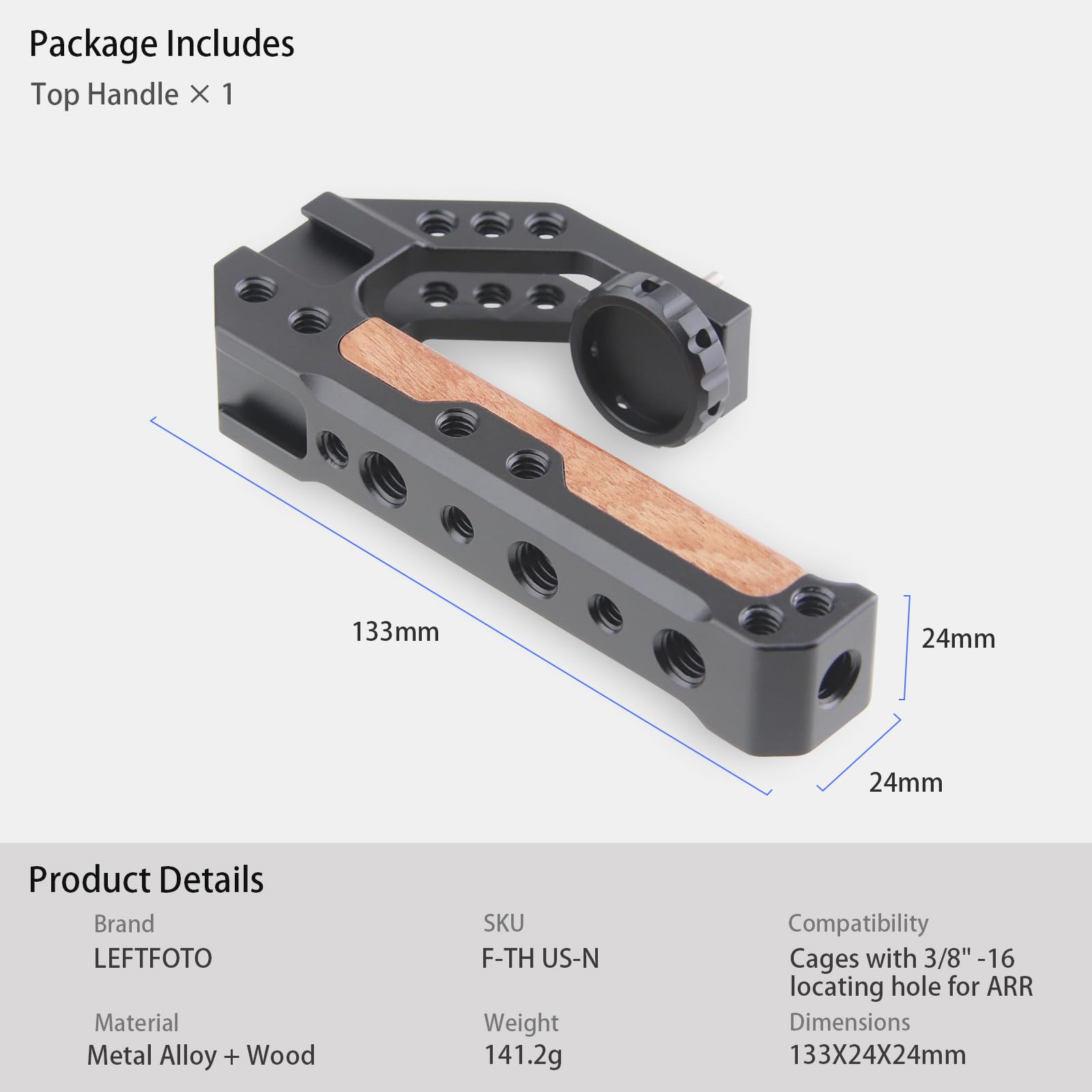 Leftfoto Top Handle Quick Release Handgrip For Camera Cage Rig With 3/8" Arri Locating Pins, Anti-Off Designed,Wood & Metal Grip