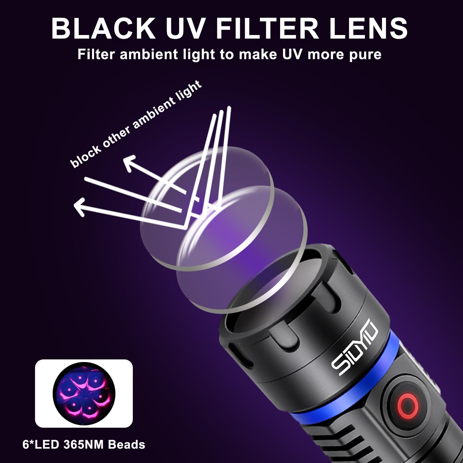 Siuyiu 365Nm Uv-Flashlight Blacklight, 60W 6Led Usb-C Rechargeable, Black Light Flashlights For Pet Urine Detection, Resin Curing, Rock Hunting, Mineral Detection- Ip65 Waterproof & Portable Handheld Torch