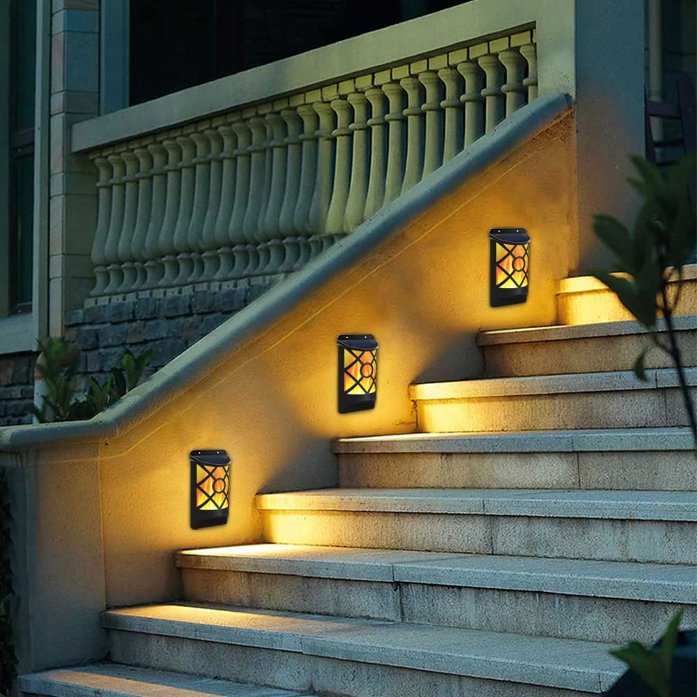 Aityvert Solar Flame Lights Outdoor, Waterproof Flickering Flame Solar Lights Dark Sensor Auto On/Off 66 Led Solar Powered Wall Mounted Night Lights Lattice Design For Patio Deck Driveway