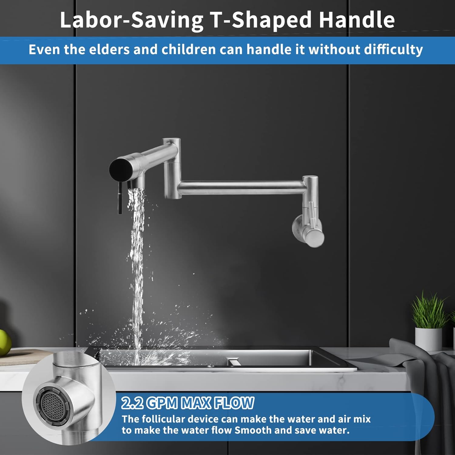 Vaolvpant Pot Filler Faucet Modern Kitchen Sink Faucets Wall Mount Pot Filler Faucets Stainless Steel Folding Stretchable Kitchen Kettle Faucet With Double Joint Swing Arms Brushed Nickel 20In