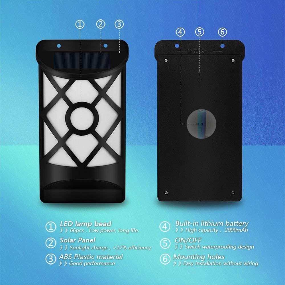Aityvert Solar Flame Lights Outdoor, Waterproof Flickering Flame Solar Lights Dark Sensor Auto On/Off 66 Led Solar Powered Wall Mounted Night Lights Lattice Design For Patio Deck Driveway