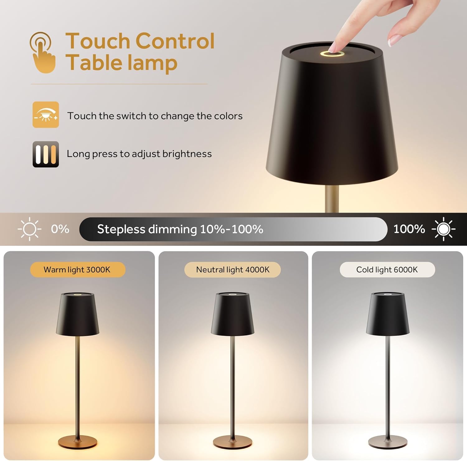 Sevenment Cordless Table Lamp,7-70 Hours Battery Powered Light,2-Pack Black Rechargeable Table Light,Waterproof,Adjustable Height,3-Color Stepless Dimming,For Living Room,Dinner,Outdoor,Nightstand