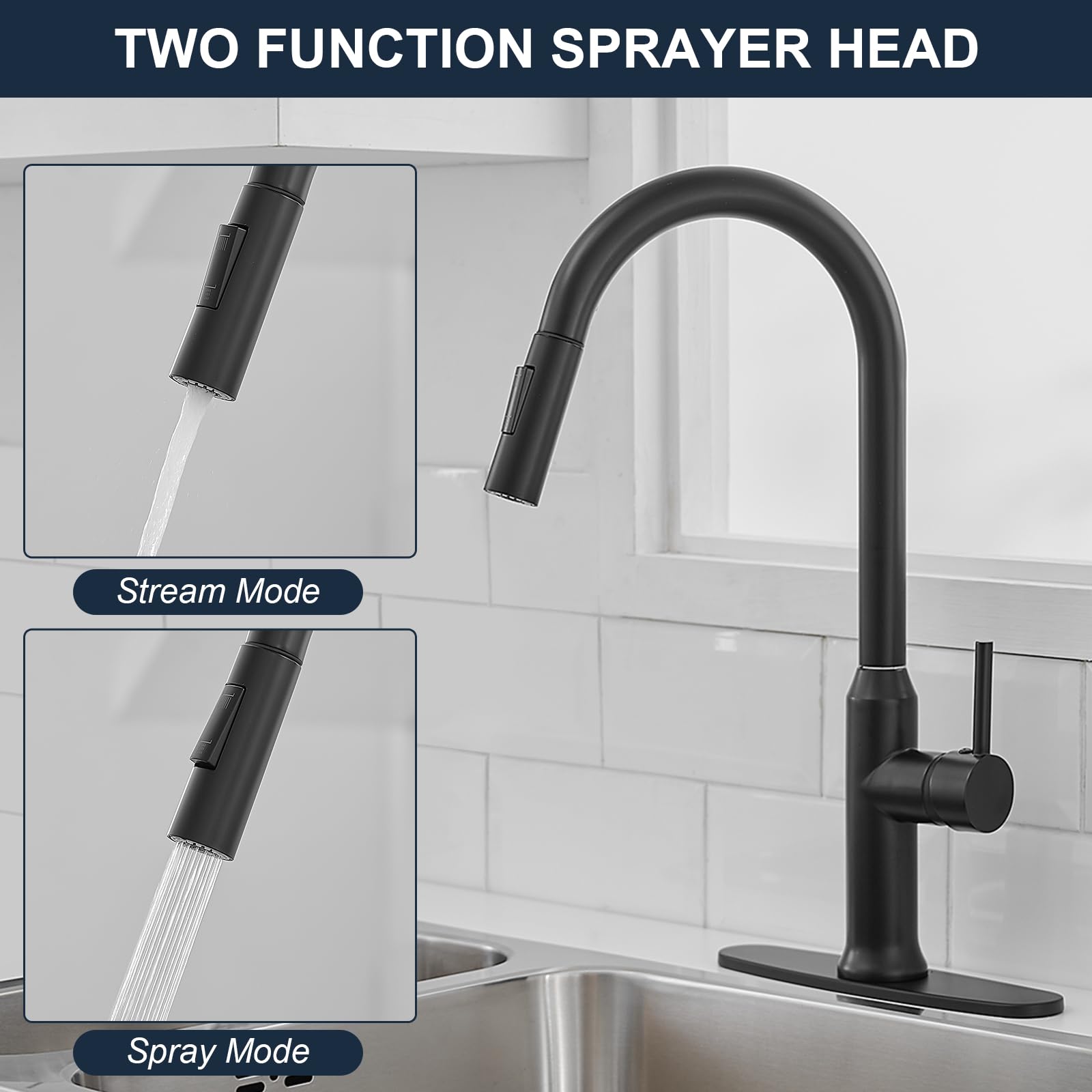 Kroias Matte Black Kitchen Faucet With Pull Down Sprayer, Single Handle Kitchen Sink Faucet 1 Or 3 Hole Commercial Rv Stainless Steel Kitchen Faucet With Deck Plate And Cupc Supply Lines