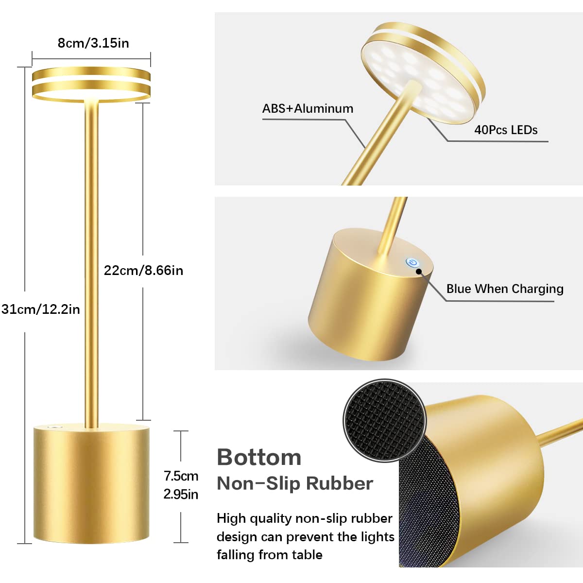 Bravzurg Cordless Table Lamp, Portable 5000Mah Outdoor Battery Powered Table Lamps, Metal, Dimmable, Wireless Rechargeable Led Desk Light Bulbs For Indoor/Outdoor/Home/Restaurant (Gold)