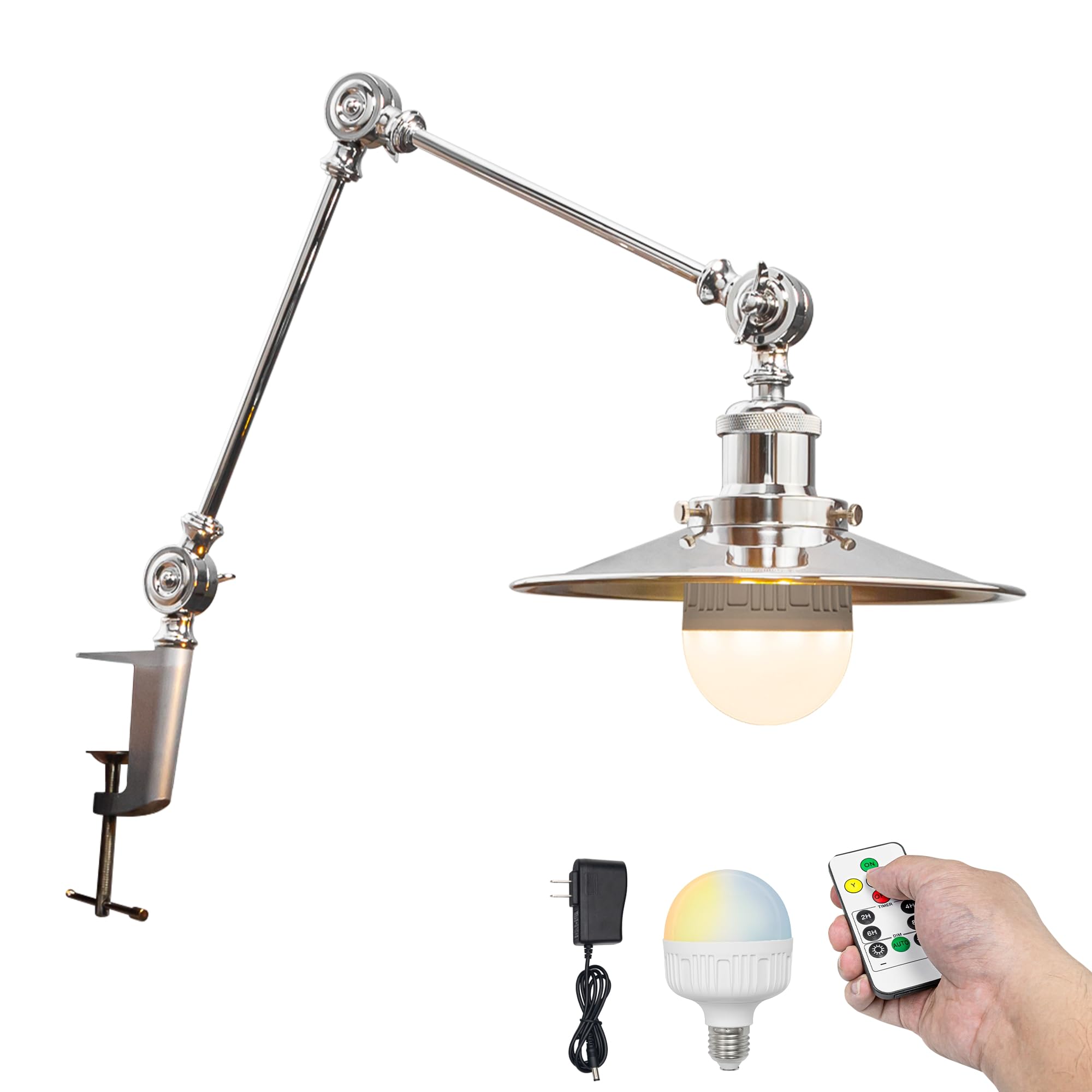 Kiven Battery Operated Clip-On Desk Lamp, 1-Light Dimmable Nightstand Lamp With Flexible Arm,Remote Control, Modern Decorative Clamp Lamp For Office Bedside Bookshelf Cabinet,Silver