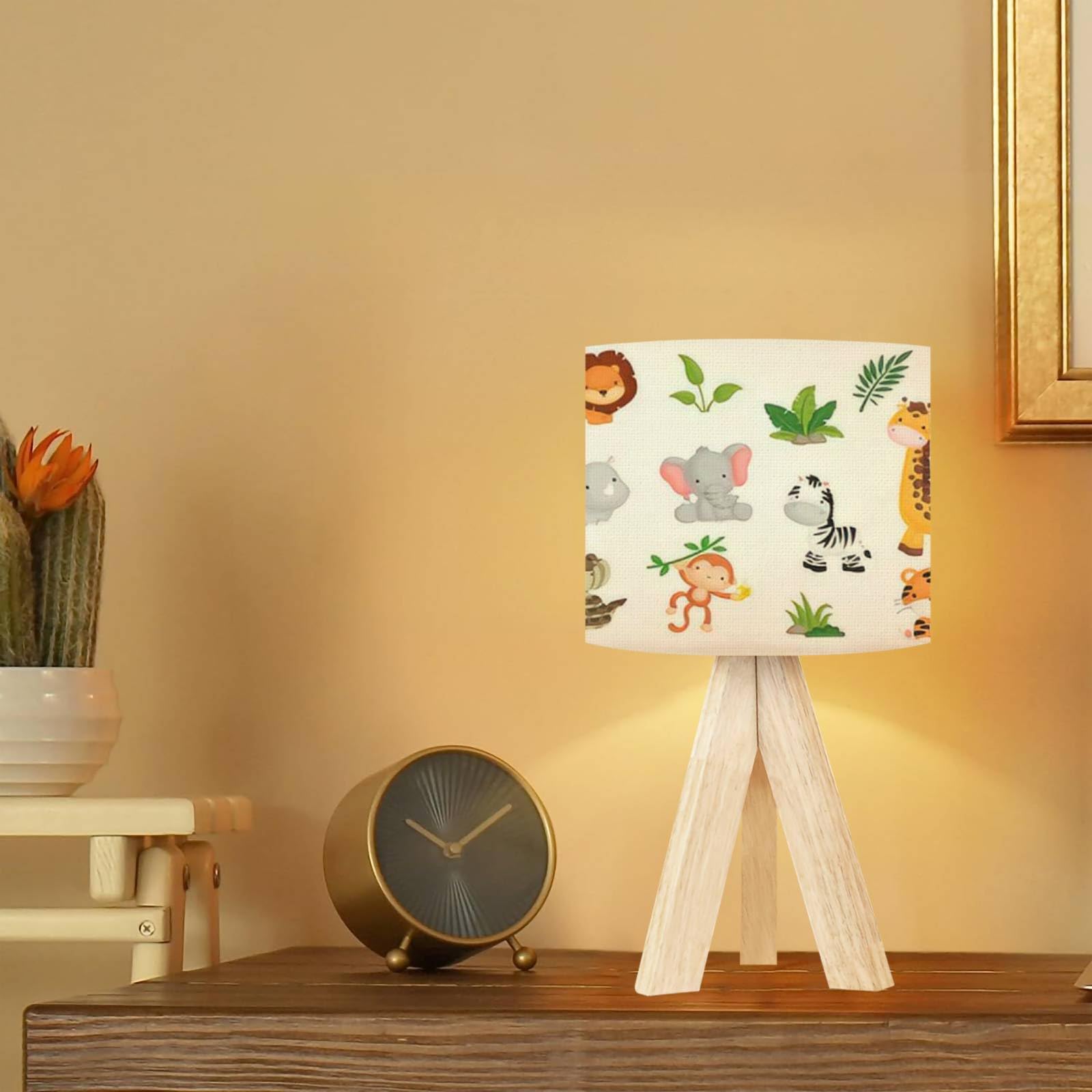 Umibuds Dqwijakx91 Tripod Table Lamp Jungle Animal Set Modern Bedside Dimmable Desk Lamp Wooden Base Fabric Lampshade For Kids Room, Nursery, Bedroom, Living Room