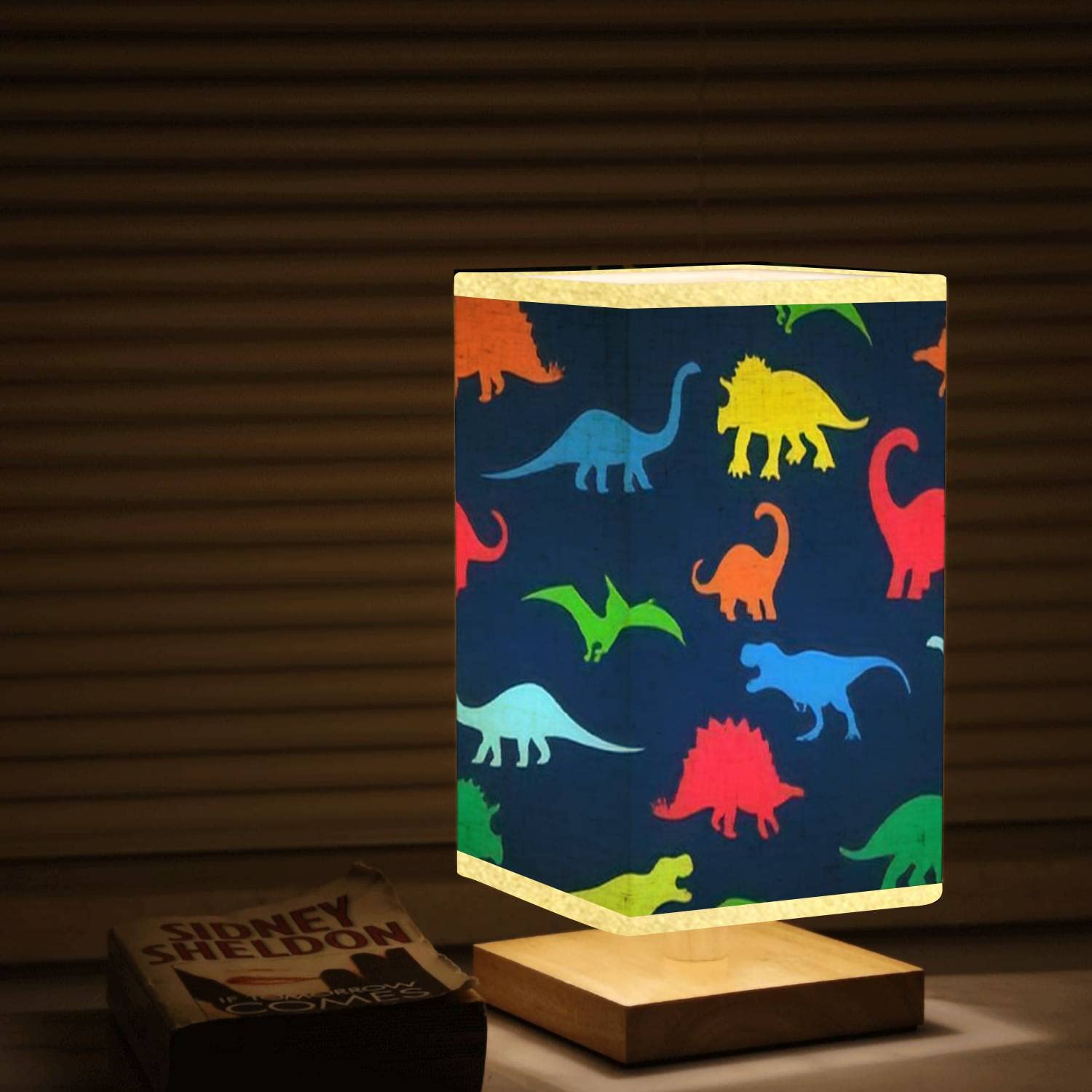 Svjklajfpi Square Bedside Table Lamp Seamless Repeat With Colorful Neon Dinosaur Silhouettes On A Navy Blue Wooden Base Flaxen Fabric Shade Dimmable Nightstand Desk For Bedroom Living Room5.5X10Inch