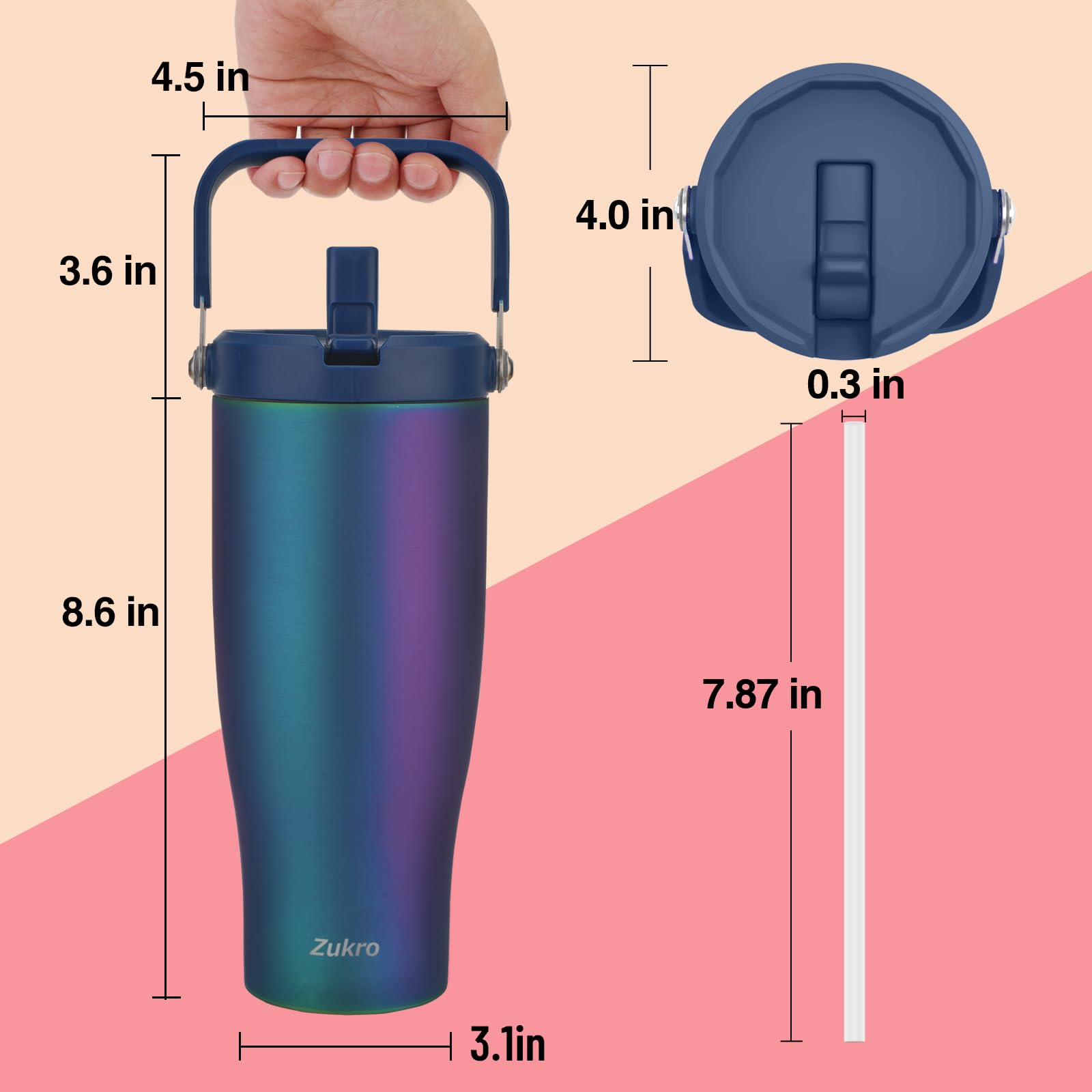 Zukro 40 Oz Tumbler With Flip Straw, Triple-Wall Easy-Carry Insulated Water Bottles With Top Handle