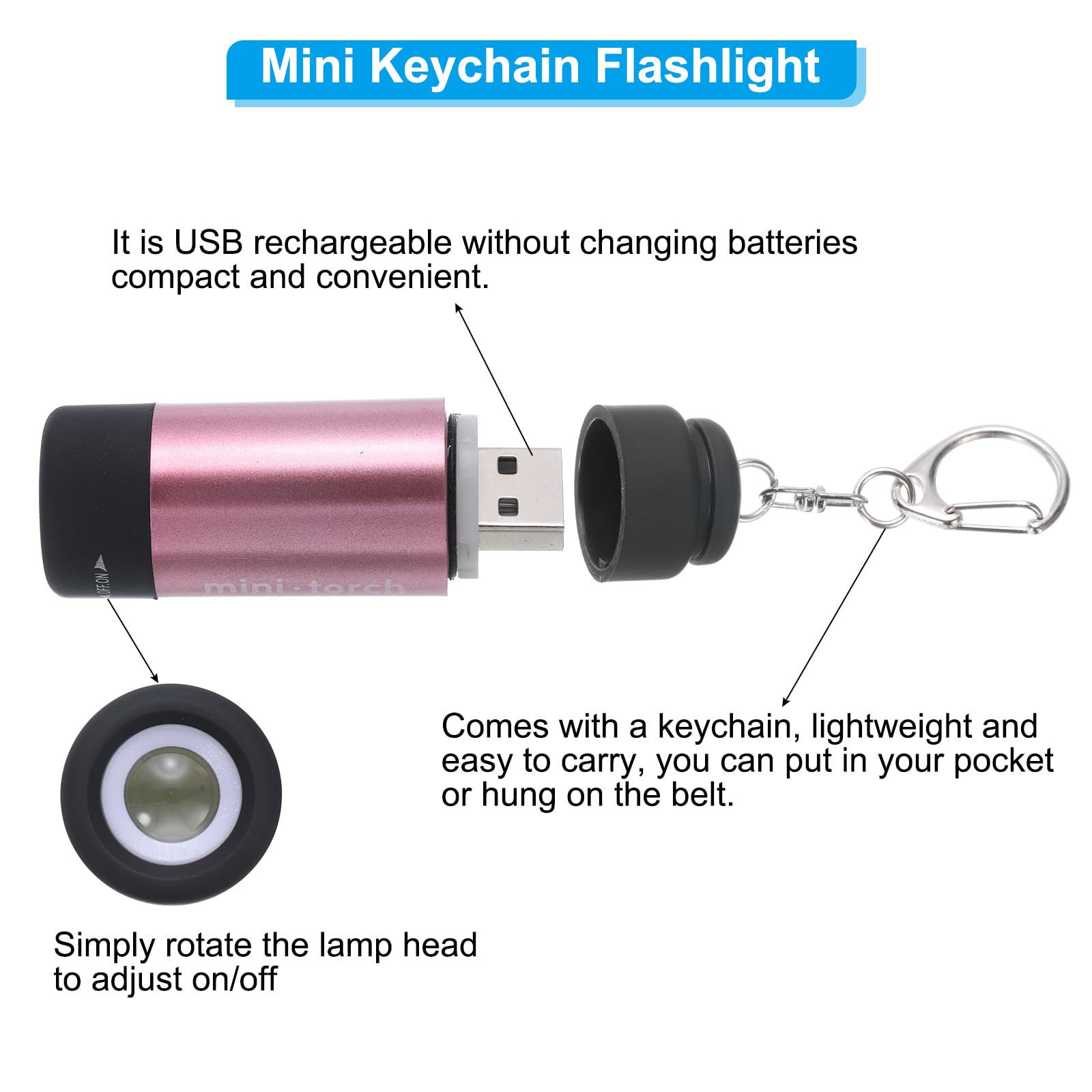 Patikil 2.56Inch Mini Keychain Flashlight, Pocket Led Flashlight Portable Torch Usb Rechargeable For Outdoor Camping Party, Pink