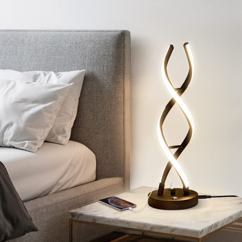 Eidearay Led Modern Table Lamp, Stepless Dimmable Spiral Table Lamps For Bedroom, 3 Colors Touch Control Bedside Nightstand Lamp With 1 Usb Charging Ports, Desk Lamps For Living Room Office (Black)
