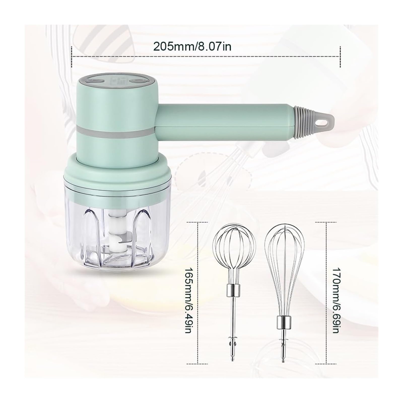 Soyon 3-In-1 Fully Automatic Mixer,Garlic Chopper Mini,Cordless Handheld Mixer With Egg Beater And Cream Stick,For Kitchen Baking And Cooking(Green 250Ml)