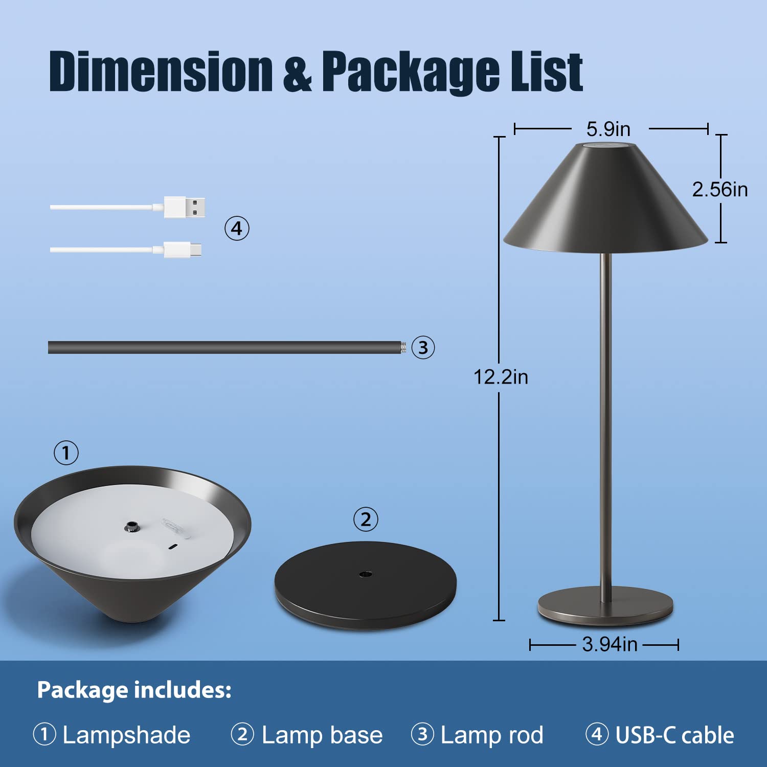 Funtaphanta Modern Led Rechargeable Cordless Table Lamp, Ip54 Waterproof, 240Lm Dimmable Battery Operated Lamp, 4000Mah Battery, 3000K Portable Bedside Lamp (Black)