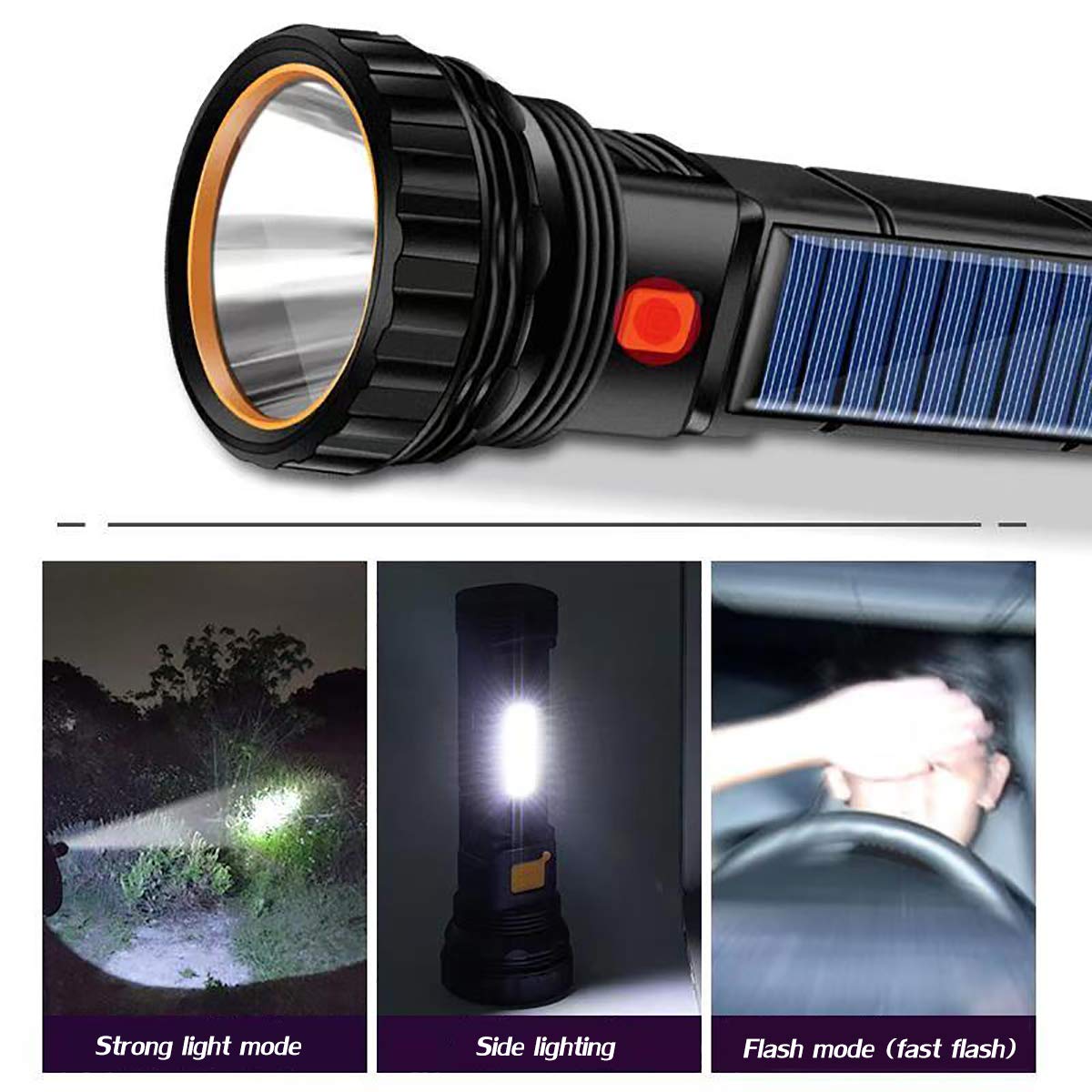 E-Shidai Solar/Rechargeable Multi Function 1000 Lumens Led Flashlight, With Emergency Strobe Light And 1200 Mah Battery, Emergency Power Supply And Usb Charging Cable, Fast Charging (1Pc)
