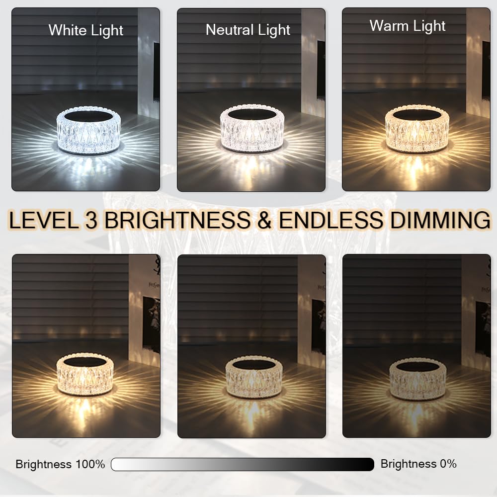 Ejfoiej Portable Crystal Led Table Lamp, 3-Levels Brightness Desk Lamp, 3 Color Touch Control Rechargeable Night Light