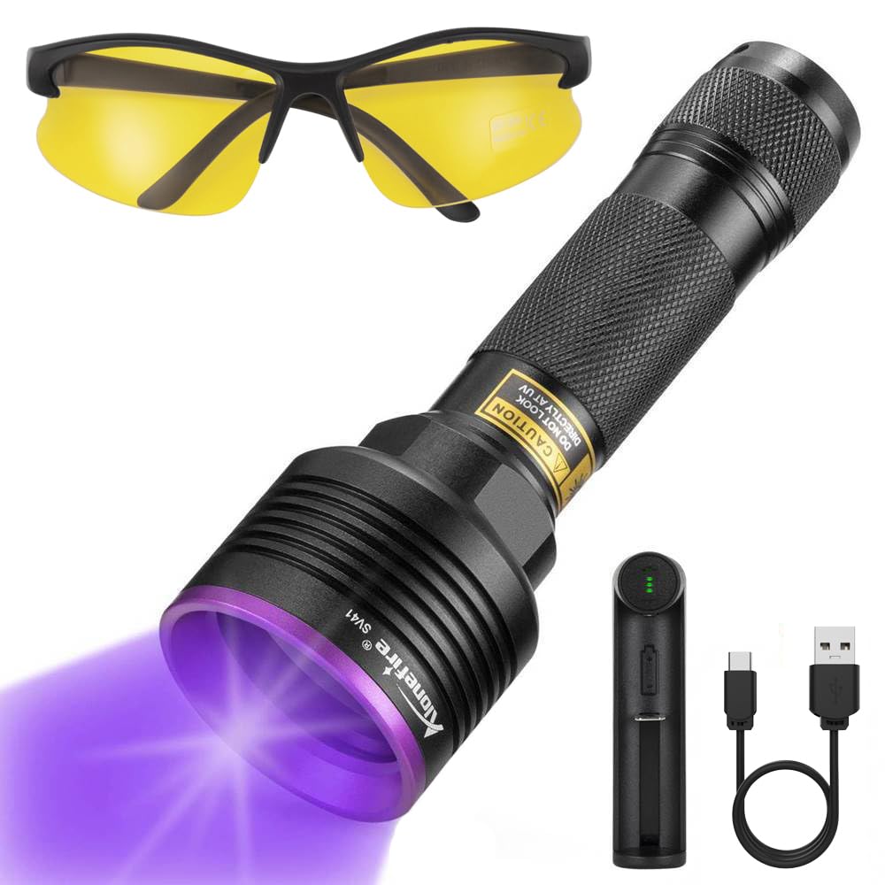 Alonefire Sv41 395Nm Uv Flashlight 10W Rechargeable Blacklight Black Light Urine Detector For Resin Curing, Dry Glue, Fishing, Minerals With Uv Protective Glasses, Charger, Battery Included