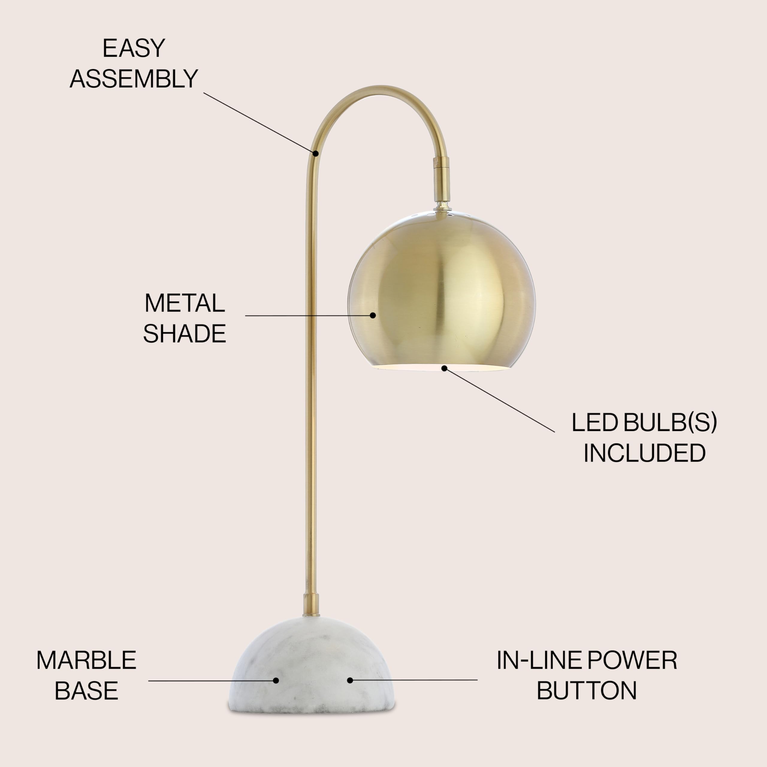 Jonathan Y Jyl6000A Stephen 23.5" Metal/Marble Led Table Lamp Contemporary Modern Bedside Desk Nightstand Lamp For Bedroom Living Room Office College Bookcase Led Bulb Included, Brass Gold/White