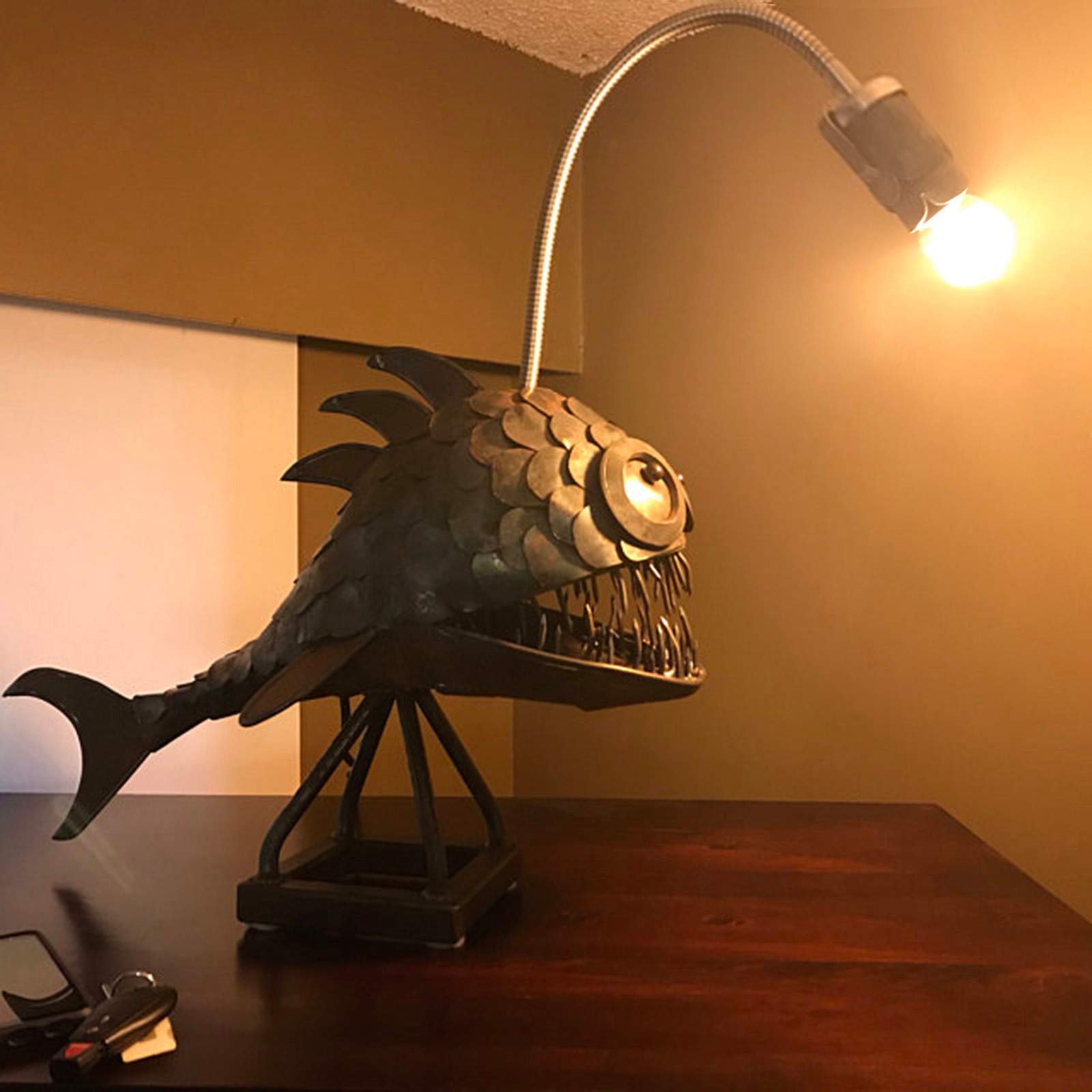 Cafele Rustic Usb Angler Fish Lamp, Shark Lamp Steampunk Style Table Lamp, Simulation Flame Led Bulbs Lights, Handmade Night Lights, Book Lights, Industrial Creative Decor For Home/Office (Medium)