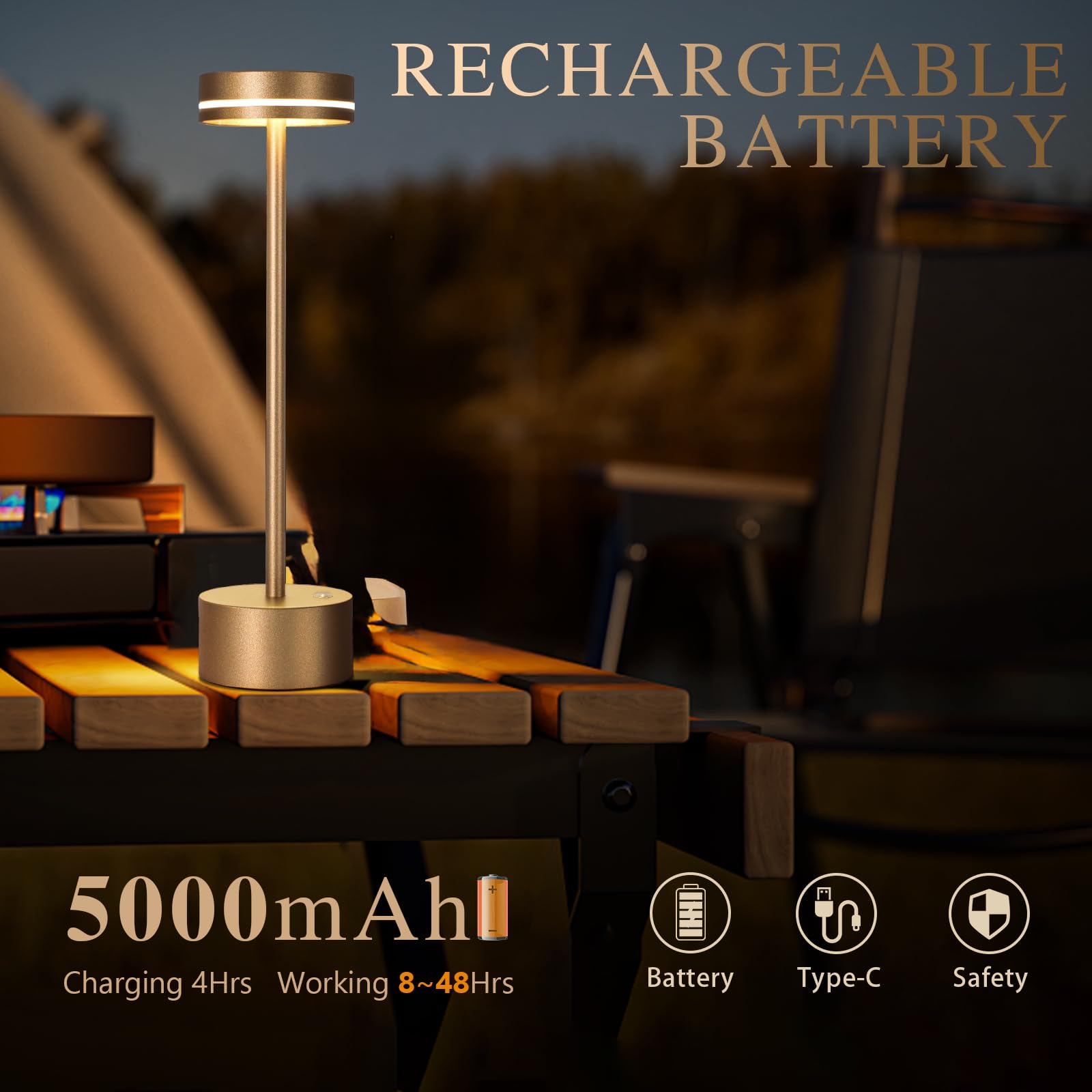 Gkeiten 2 Pack Cordless Table Lamp Rechargeable, 3 Way Dimmable Touch Lamp & 5000Mah Long Battery Time, Portable Small Metal Light For Reading/Office/Bedroom/Dining/Nightstand/Desk, For Home Décor – Gold