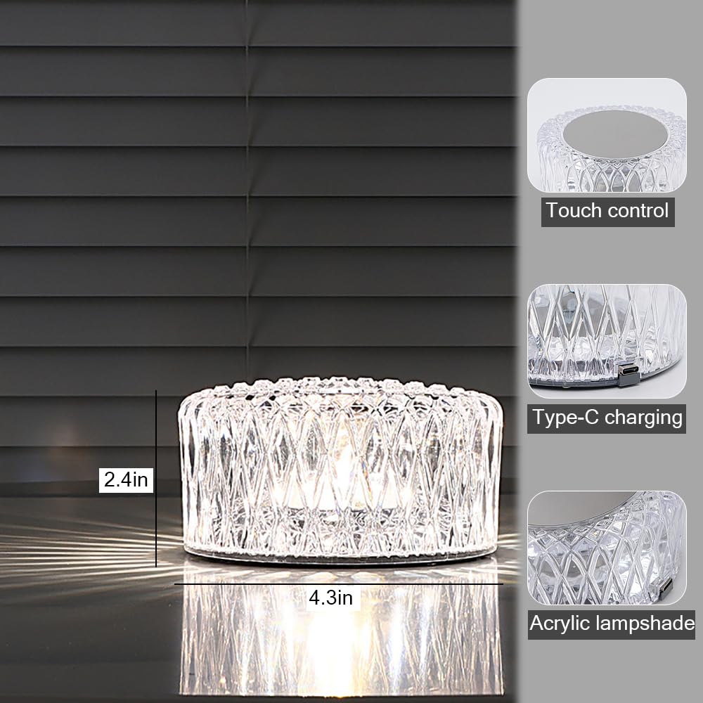 Ejfoiej Portable Crystal Led Table Lamp, 3-Levels Brightness Desk Lamp, 3 Color Touch Control Rechargeable Night Light