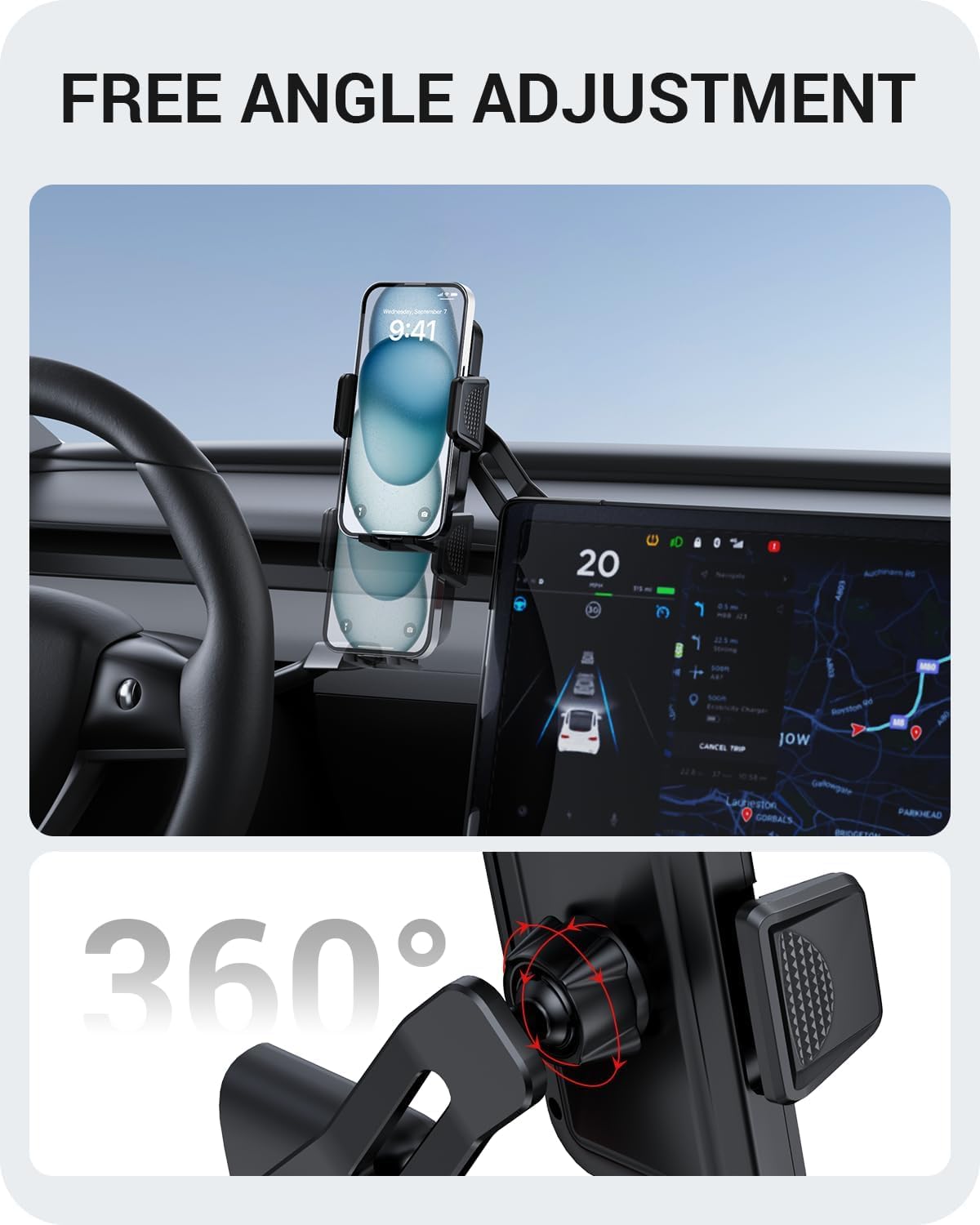 Basenor  Tesla Phone Mount Holder [Large Screen User Friendly] Model 3 Y Strong Adhesion 360° Swivel Cell Phone Stand Tesla Accessories Fits All Iphone Android (Not Fit   Model 3)