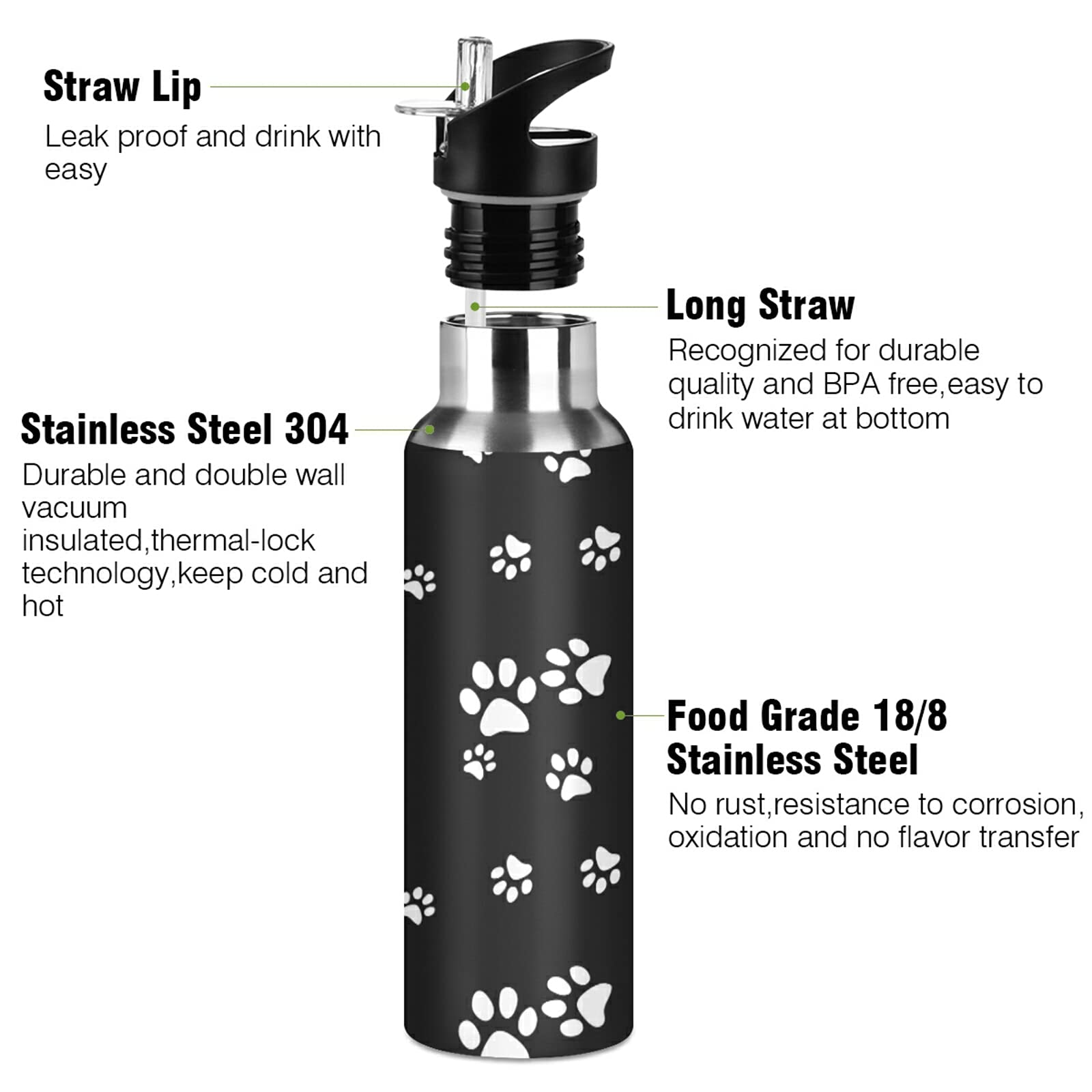 Auuxva Sports Water Bottles Dog Paw Print Black White Vacuum Insulated Stainless Steel Water Bottle