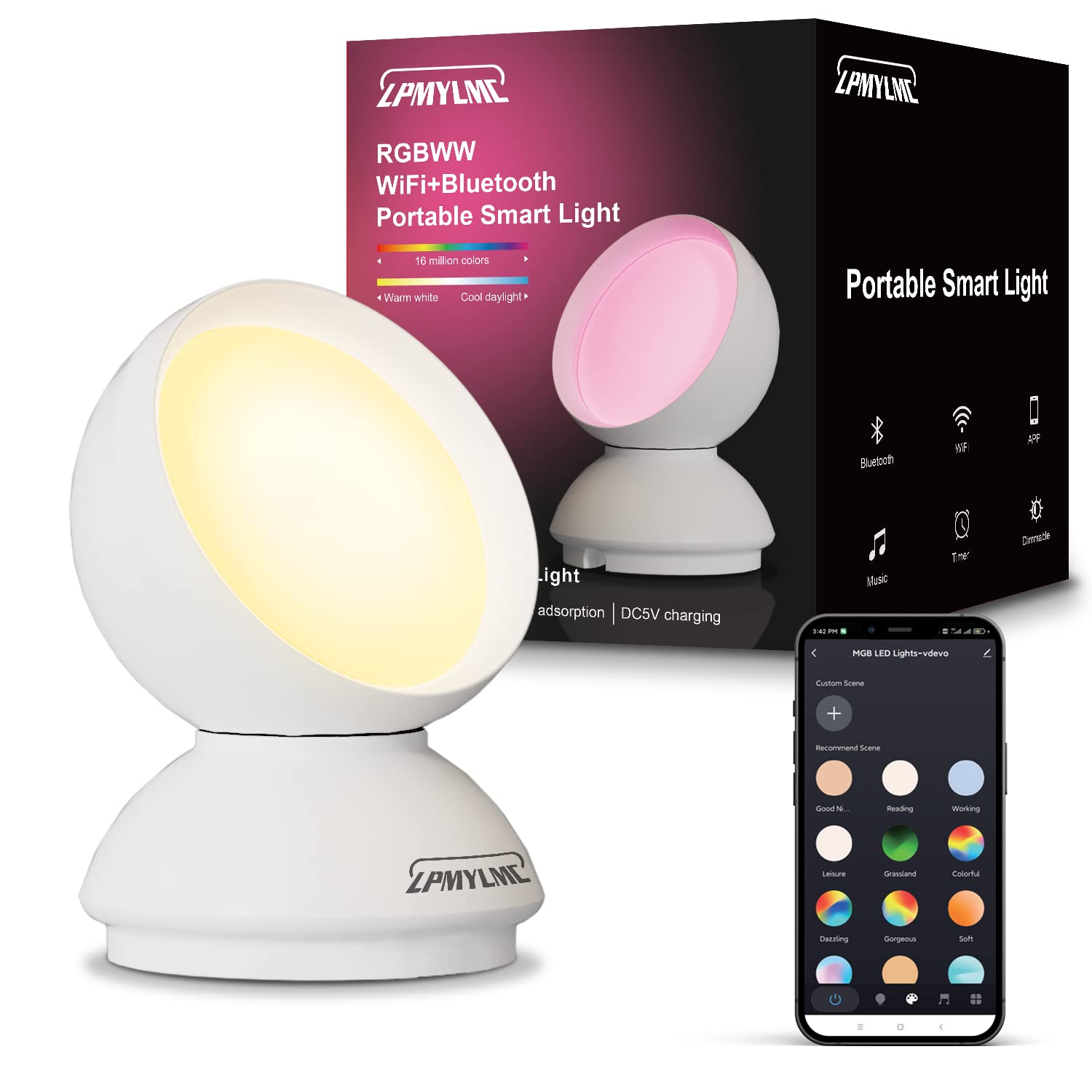 Lpmylmc Smart Night Light Table Lamp With Rgbww, Portable Voice Control Led Dimmable Bluetooth Table Lamp, Compatible With Alexa & Google Assistant For Bedroom, Living Room, Gaming, Decoration