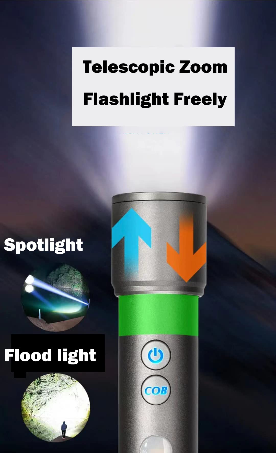 Poyoelf Zoomable Led Flashlight With Cob Sidelight With Hook,Rechargeable Edc Small Lantern Flashlight,Waterproof,Utility Portable Handheld Torch For Camping,Hiking,Emergency,Home Use(Black)