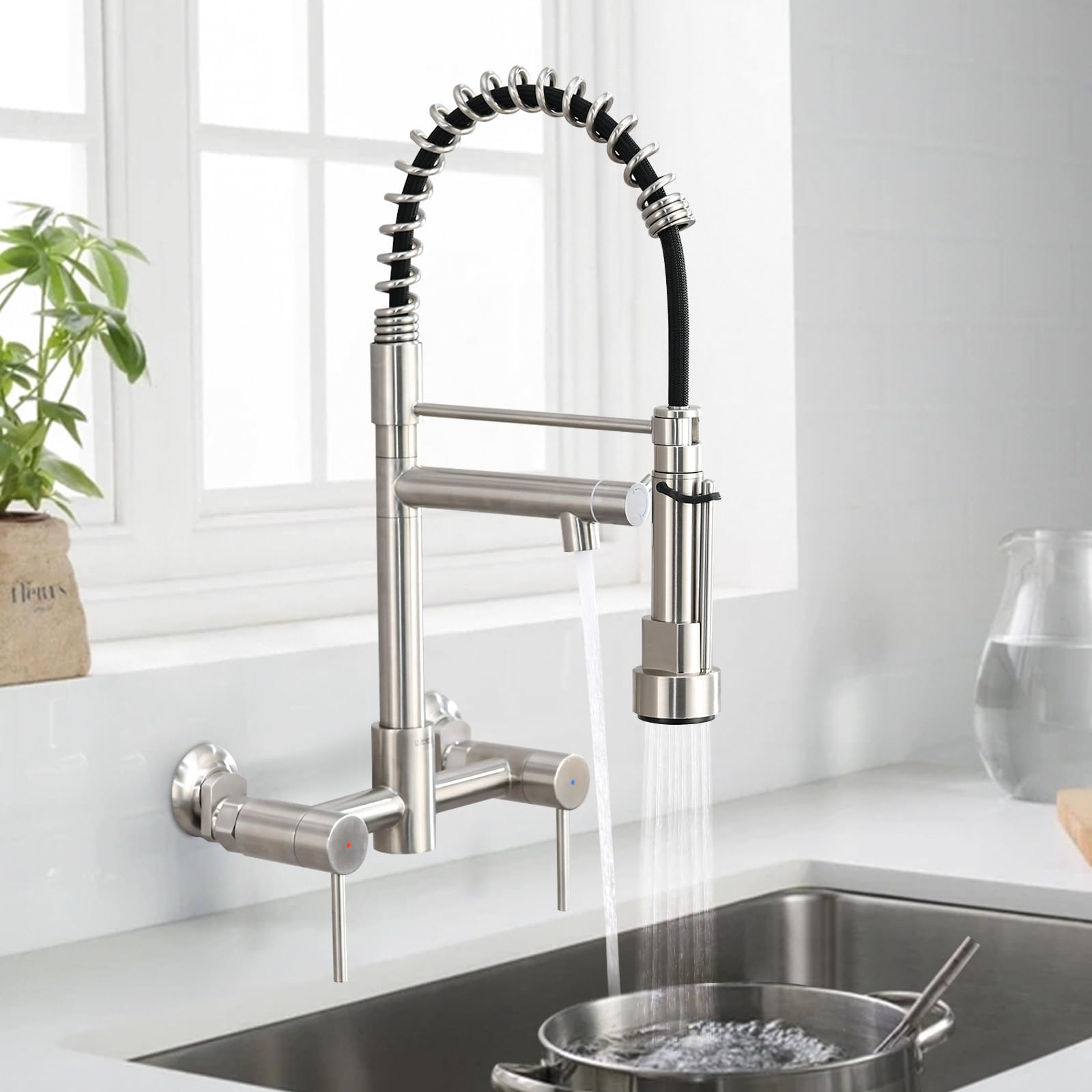 Demiinus Wall Mount Kitchen Faucet With Pull Down Sprayer, 8 Inch Center Commercial High Arc Kitchen Sink Faucet, 2 Handle Wall Mount Faucet For Kitchen Sink, Brushed Nickel