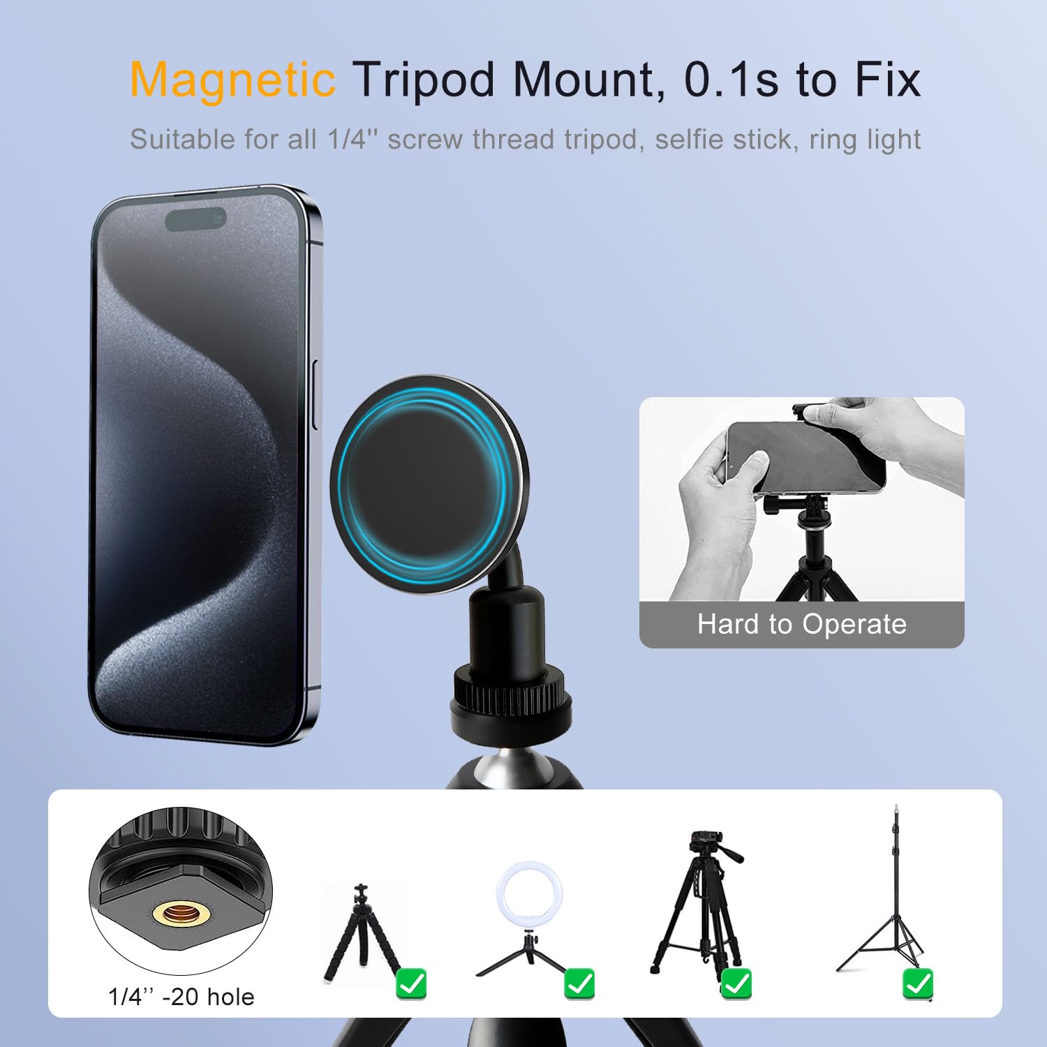 Jkoailiwi Universal Magnetic Tripod Mount Adapter With Cold Shoe & 1/4" Screw, Phone Tripod Mount For Camera/Ring Light/Selfie Stick, Compatible With Magsafe Iphone 16/15/14/13/12 Series