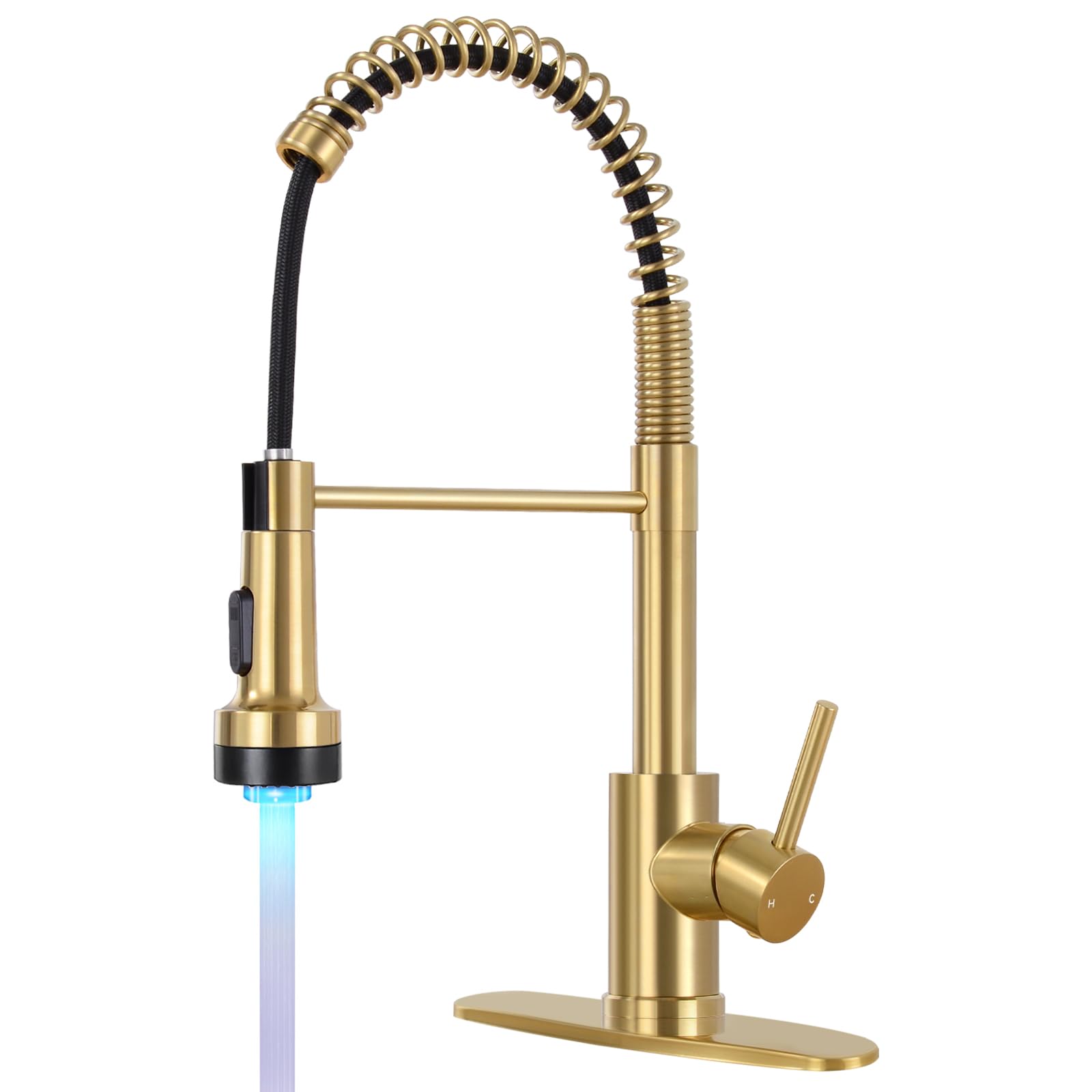 Djs Kitchen Faucets With Pull Down Sprayer Brushed Gold -【Led Light】 Single Handle 1 Or 3 Holes Spring Kitchen Sink Faucet With Deck Plate For Farmhouse Rv Vessel Basin
