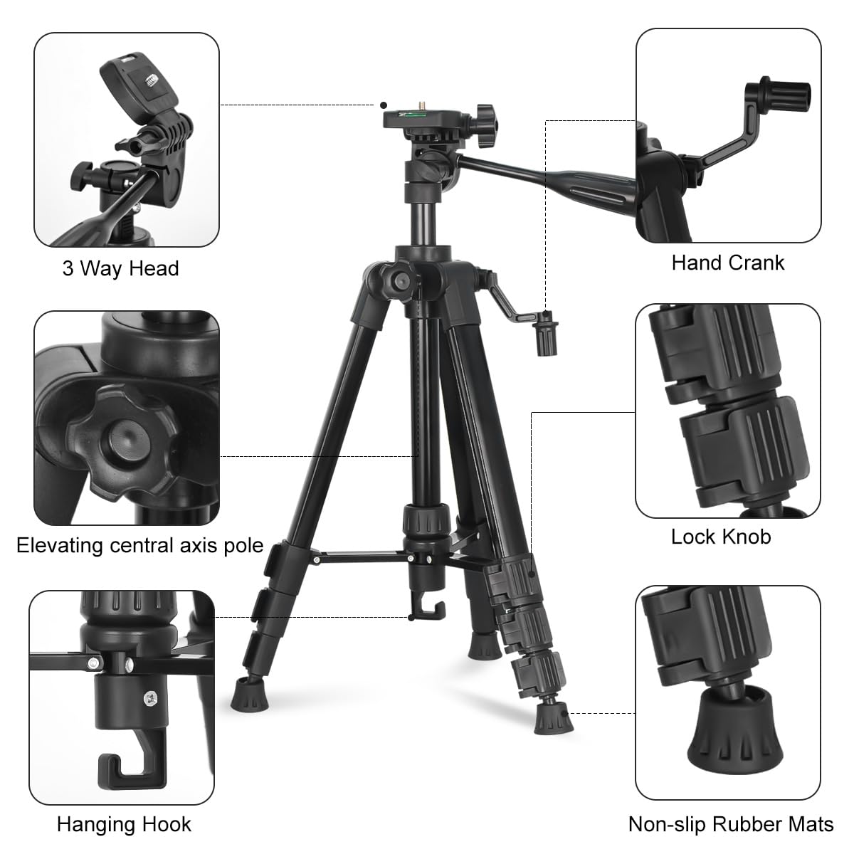 Jeppo 46.85" Lightweight Adjustable Aluminum Tripod For Laser Level, With Bubble Level, 1/4"-20 Thread Interface, 3-Way Swivel Pan Head