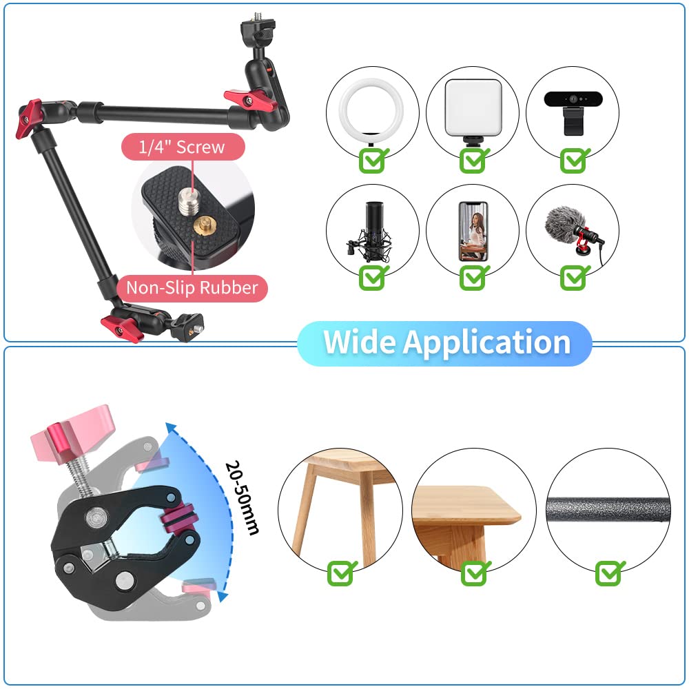 Jebutu 22" Magic Arm W Clamp Camera Mount, Adjustable Articulating Arm Friction Camera Boom Arm W 1/4" Thread, Overhead Camera Desk Phone Mount Clamp Stand For Tripod Light Webcam Mic Video Rig