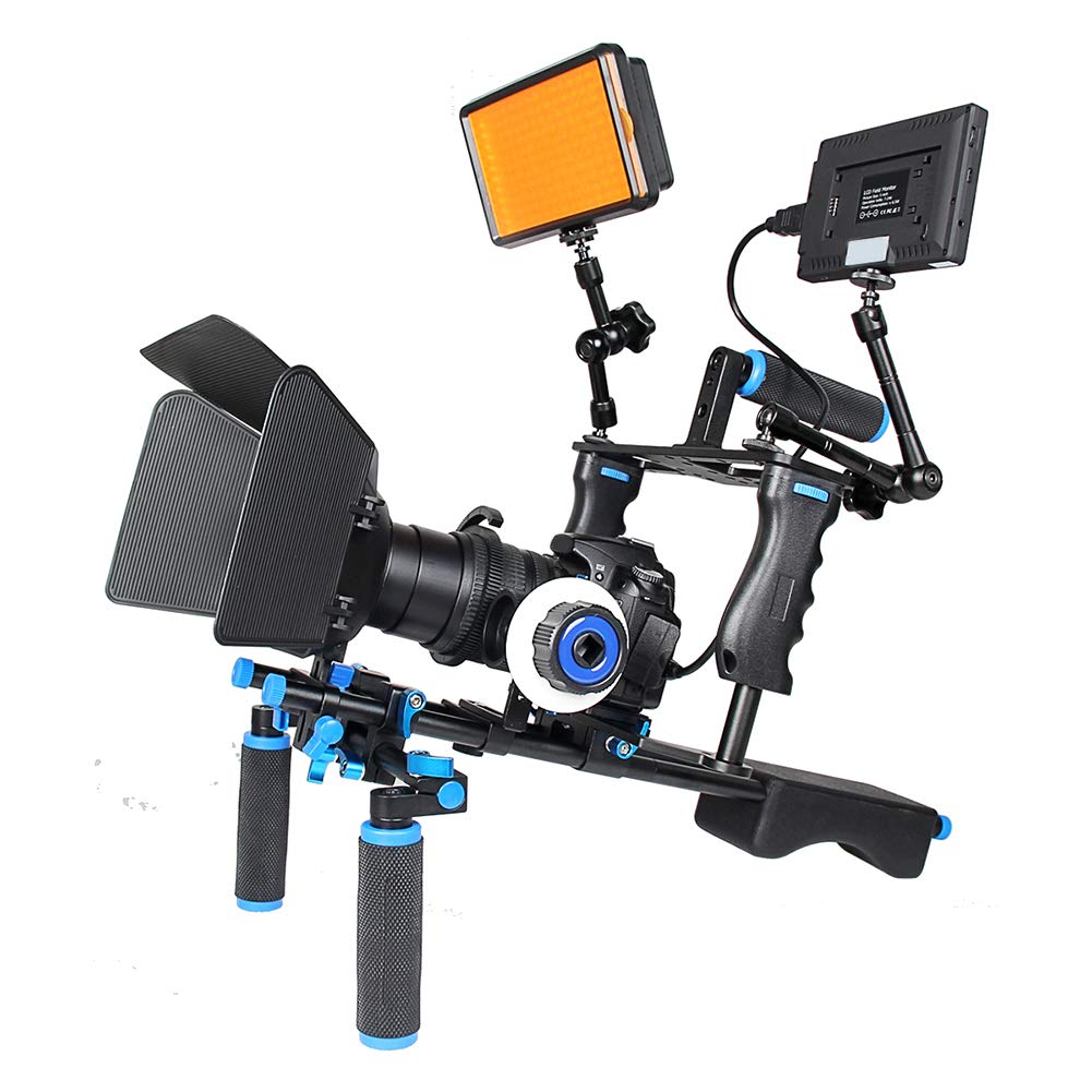 Fydun Shoulder Rig Stabilizer Kit, Aluminum Alloy Camera Stabilizer Cage With Top Handle Follow Focus Rods Shoulder Rig 1/4 3/8 Screw