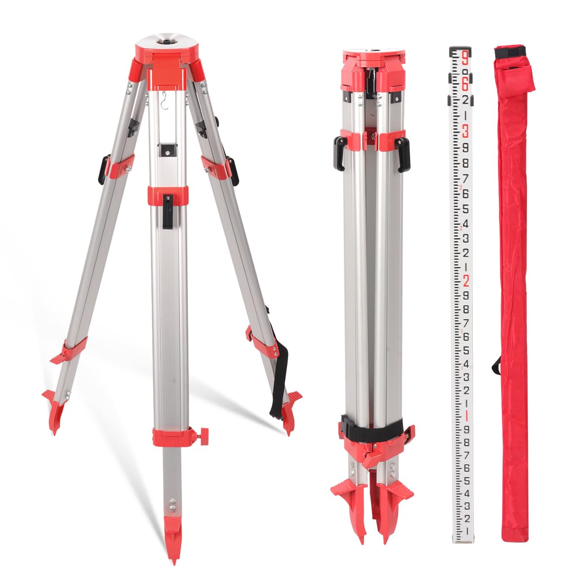 Moeter Aluminum Surveying Tripod & Grade Rod Kit - 62.2" Lightweight Transit Tripod And 9 Ft Dual Sided Telescopic Grade Stick, 5/8” X 11 Thread Head For Precise Construction, Land Surveying, Home Renovation