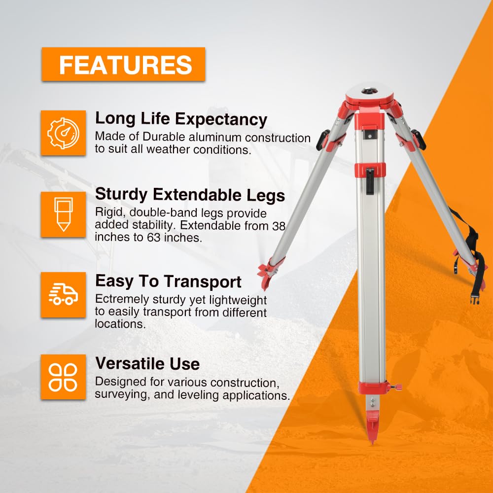 Mountlaser Surveying Tripod, Aluminum Survey Tripod With 5/8-Inch 11-Threaded Flat Head Quick Clamp For Auto Level