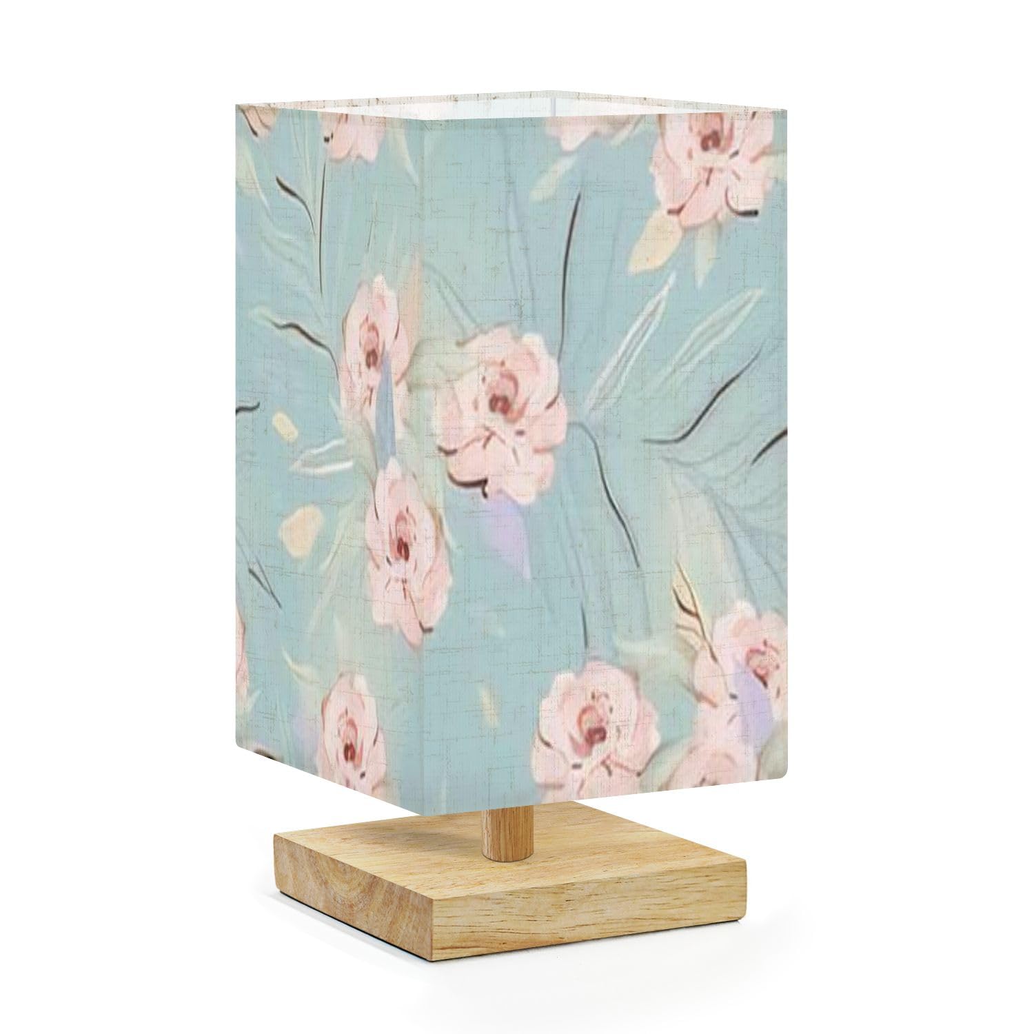Lasenlanp Bedside Table Lamp Feminine Floral Seamless Pattern Fashionable For Dimmable Minimalist Nightstand Lamp Square Wood Base Flaxen Fabric Shade Desk Lamps For Bedroom Living Room