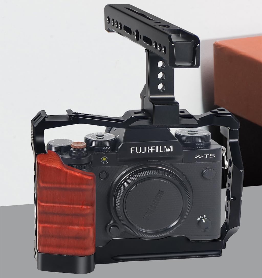 Novelgoal Xt5 Camera Cage Wooden Grip Video Protective Feame With Cold Shoe Mount Handle 1/4 3/8 Qr Plate Compatible With Fuji Xt-5 (With Top Handle)